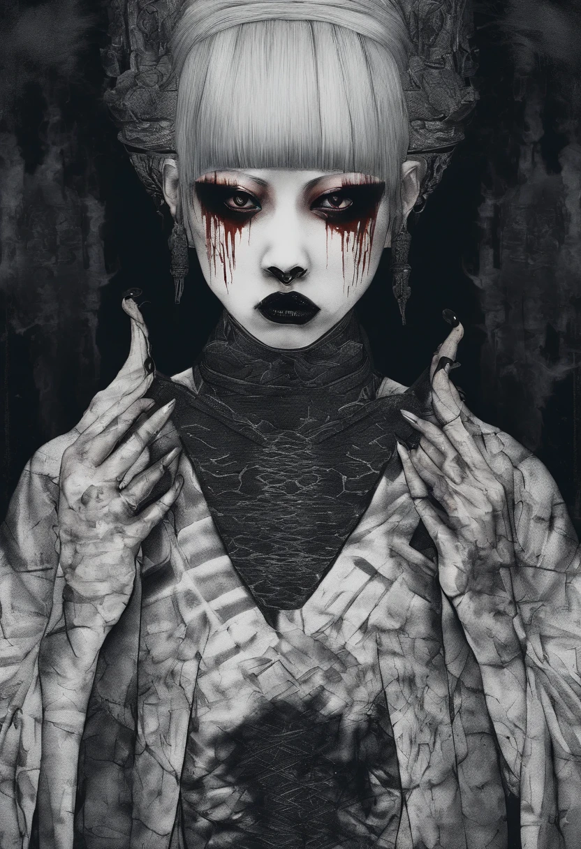 dark broody traditional japanese emo female geisha drooling black ink skinhead, hairgoth, emo goth spikey fashion shoot editorial style, Hypebeast ultra fast fashion gang signs with goth emo accessories
