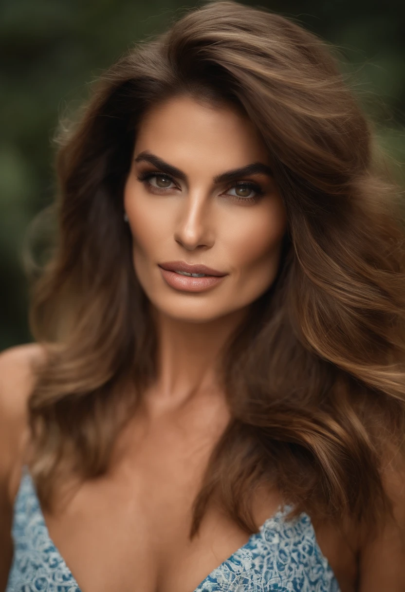 Arafed woman is full , Menina sexy com olhos castanhos, Ultra realista, detalhe meticuloso, Retrato de Cindy Crawford 20 anos , cabelos castanhos e olhos grandes, visible nipplesSelfie of a young woman, Olhos no quarto, without Макияж, maquiagem natural, staring directly at camera, Rosto com ArtGram, dezentes Maquiagem, Foto deslumbrante de corpo inteiro, ajoelhado na cama, no quarto, e tamanho grande do busto