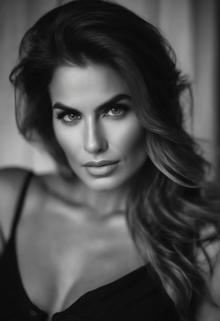 Arafed woman is full , com olhos castanhos, Ultra realista, detalhe meticuloso, Retrato de Cindy Crawford 20 anos , cabelos castanhos e olhos grandes, visible nipplesSelfie of a young woman, Olhos no quarto, without Макияж, maquiagem natural, staring directly at camera, Rosto com ArtGram, dezentes Maquiagem, Foto deslumbrante de corpo inteiro, ajoelhado na cama, no quarto, e tamanho grande do busto