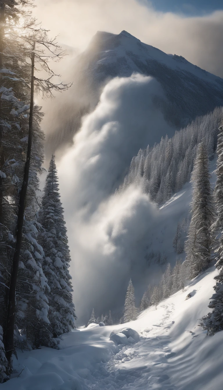 (A massive Avalanche rolling down the mountain rushing through and destroying trees:1.45), Hyper-realistic painting, snow, natural lighting, natural phenomena, powder snow, incredible detail, cinematic, Realism, Digital art, HD, Mark Molnar, Ivan Shishkin, Psychoshadow art, 8k,View from sky, Photograph landscape snow mountains of dark age, rain, fog, dramatic and stunning award winning photo, dramatic linear delicacy, high dynamic range, Cinematic High Detail, UHD, 8k,