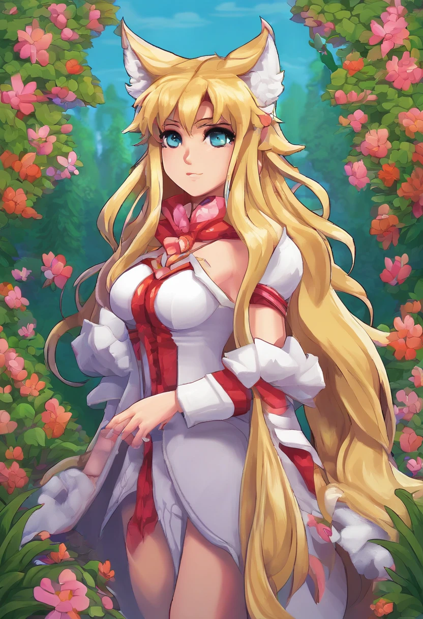Ahri from league of legends, corpo inteiro, estrada de uma floresta branda, alta qualidade, detalhes, Rosto perfeito detalhado, olhos bonitos detalhados, sorrindo para telespectador, ((destaque nas 9 caudas da ahri)), corpo inteiro, alta qualidade