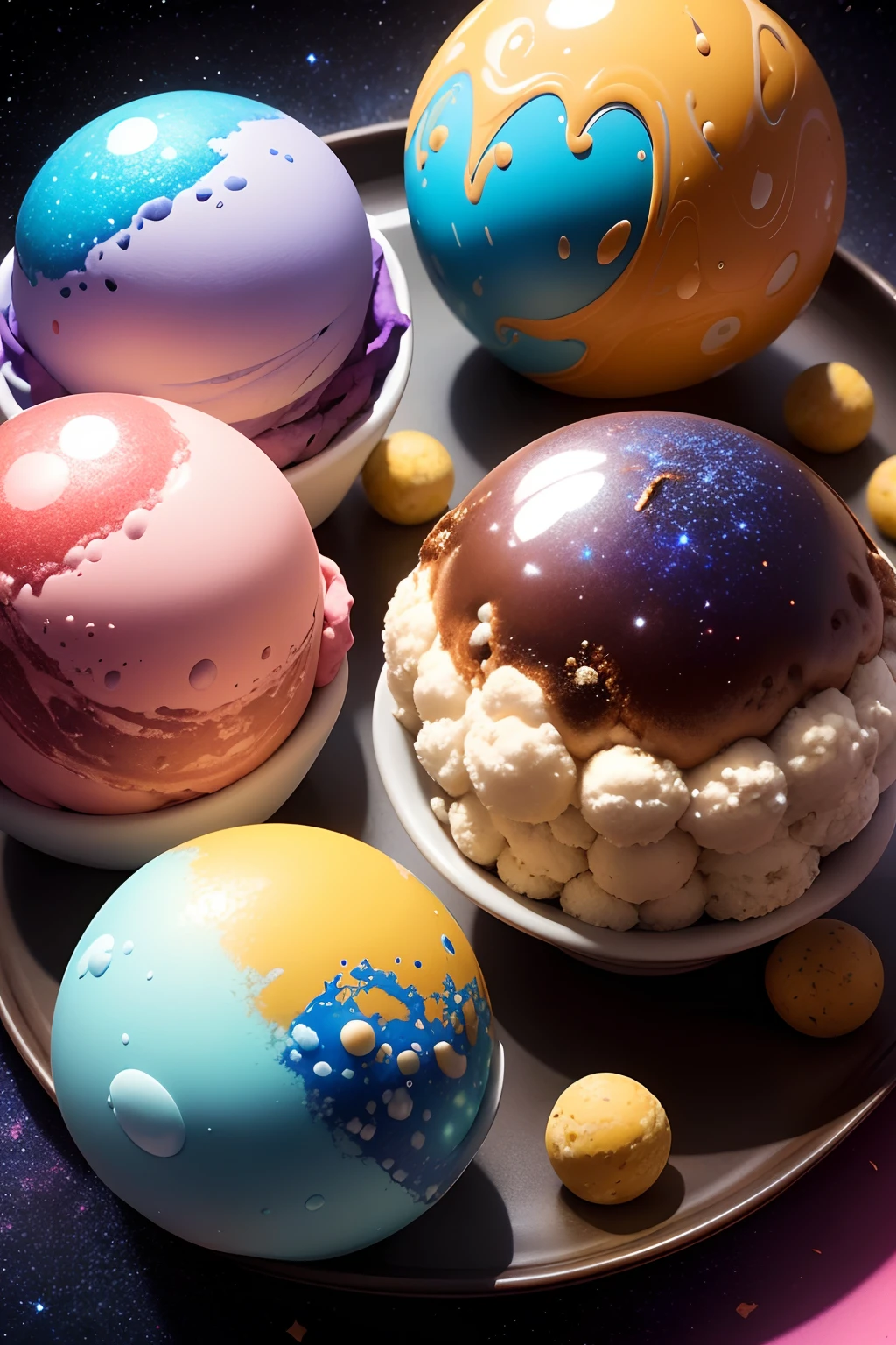 Dentro de uma tigela, some colorful ice cream balls with texture of galaxies and stars.