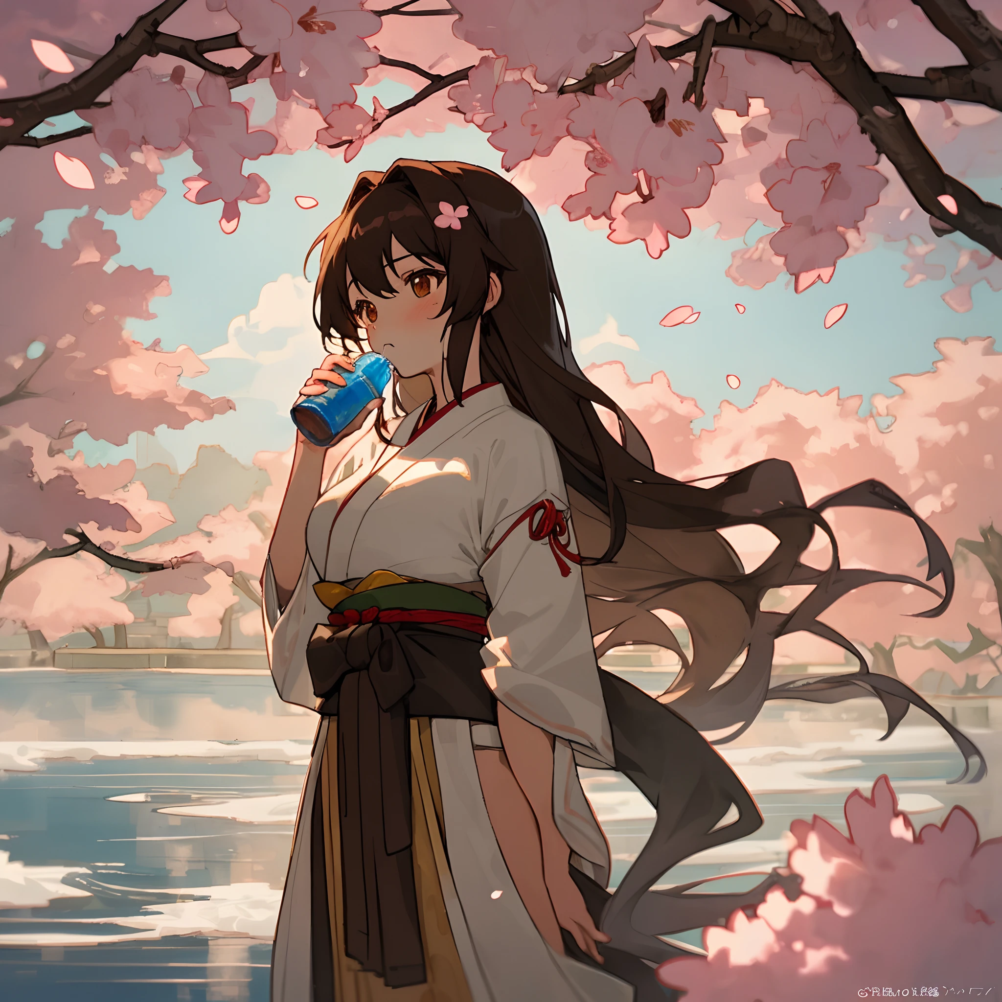 character, has long, flowing ebony hair with a slight wave that cascades down to her lower back. She wears a traditional white martial arts gi with a black obi tied elegantly around her waist. Her almond-shaped eyes are a deep shade of brown, with a determined, yet serene expression. Sakura's skin is fair, and she exudes an air of quiet confidence as she takes a graceful sip from her glass water bottle under the cherry blossom tree