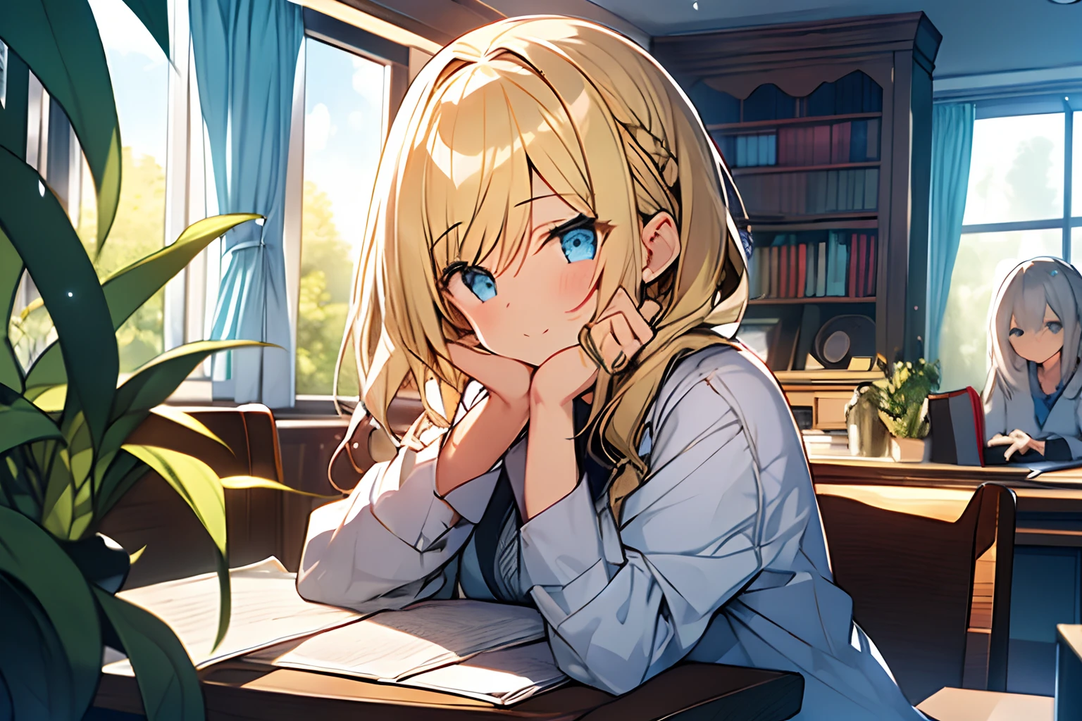 High quality, clean eye drawing, reflective eyes, pixie cut, pretty blonde, beautiful blonde, blue eyes, 1 girl, {girl in window}, {put window between girls}, surrounded by plants, vines stretching walls, flowers blooming, rainbow reflecting, studying, tea on desk, letter on desk There is, books neatly arranged on the desk, writing with emphasis on shadows, drawing hands accurately, drawing fingers accurately, curtains, white jacket, {make color boundaries clear}, bookshelves, more sparkly ornaments,
