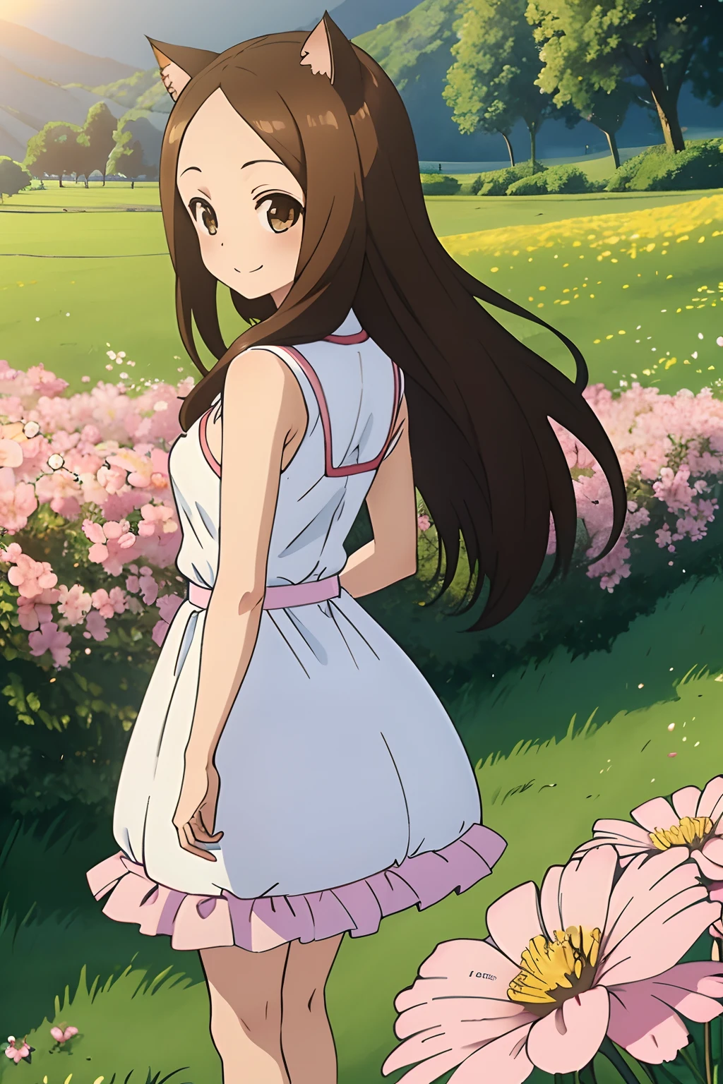 (Realistic),(Photorealistic),Takagi_San, 1girl in, Height 155 cm,Long hair, Cat's ears,Brown hair, Part bangs, Brown eyes,((German national costume)),((white frills)),(pink clothing),large full breasts,cleavage of the breast,Forehead,Smile, Looking at Viewer,masutepiece,Big ass,Cat's tail,Full body, Best Quality, (Colorful),volumatic light, Ray tracing,the Extremely Detailed CG Unity 8K Wallpapers,Smile,((flying petal)),(Flowery meadow), Sunny,Sunshine, light, Fantasy, Windy, magic sparks, Trees, lake, mountainscape, ((Flowers)),weeds