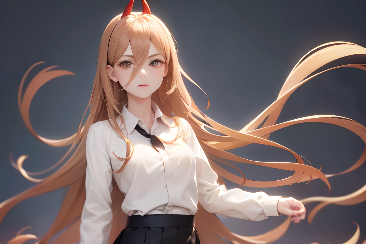 ((masterpiece, best quality)), (1girl), (solo), (female focus), (ahoge, brown hair, very long hair), golden eyes, ((white shirt), (buttoned shirt), (gap button)), ((black skirt), (short skirt)), standing, black background