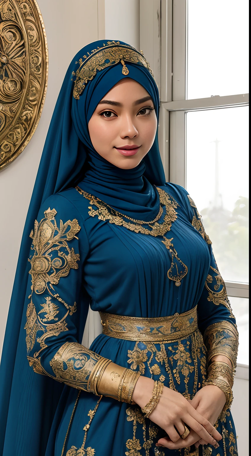 a malay woman in hijab and a blue dress, realistic Art Station, hard raining scene, Detailed Fantasy Art, Stunning Character Art, beautiful Exquisite Character Art, Beautiful black Armor, Extremely Detailed, blue armor Girl, Exquisite Intricate Headdress and Jewelry, whole body capture