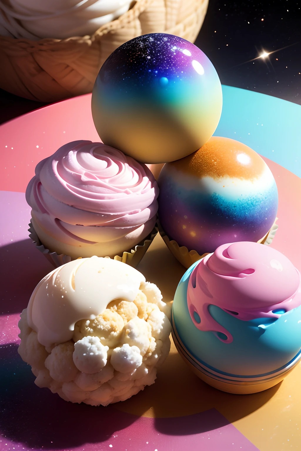 Dentro de uma tigela, some colorful ice cream balls with texture of galaxies and stars.