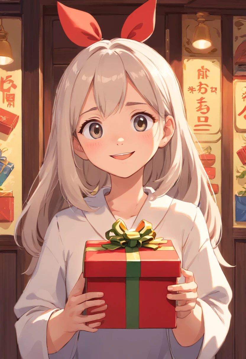 Girl holding gift box,frontage,Happy expression, white girl, Flat illustration