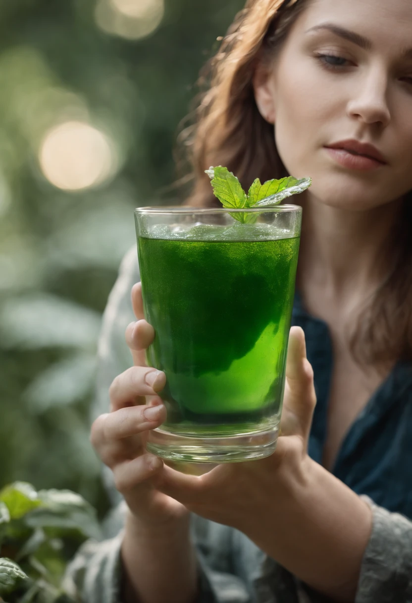 advertising image for liquid chlorophyll with a model drinking cold liquid chlorophyll in a glass cup