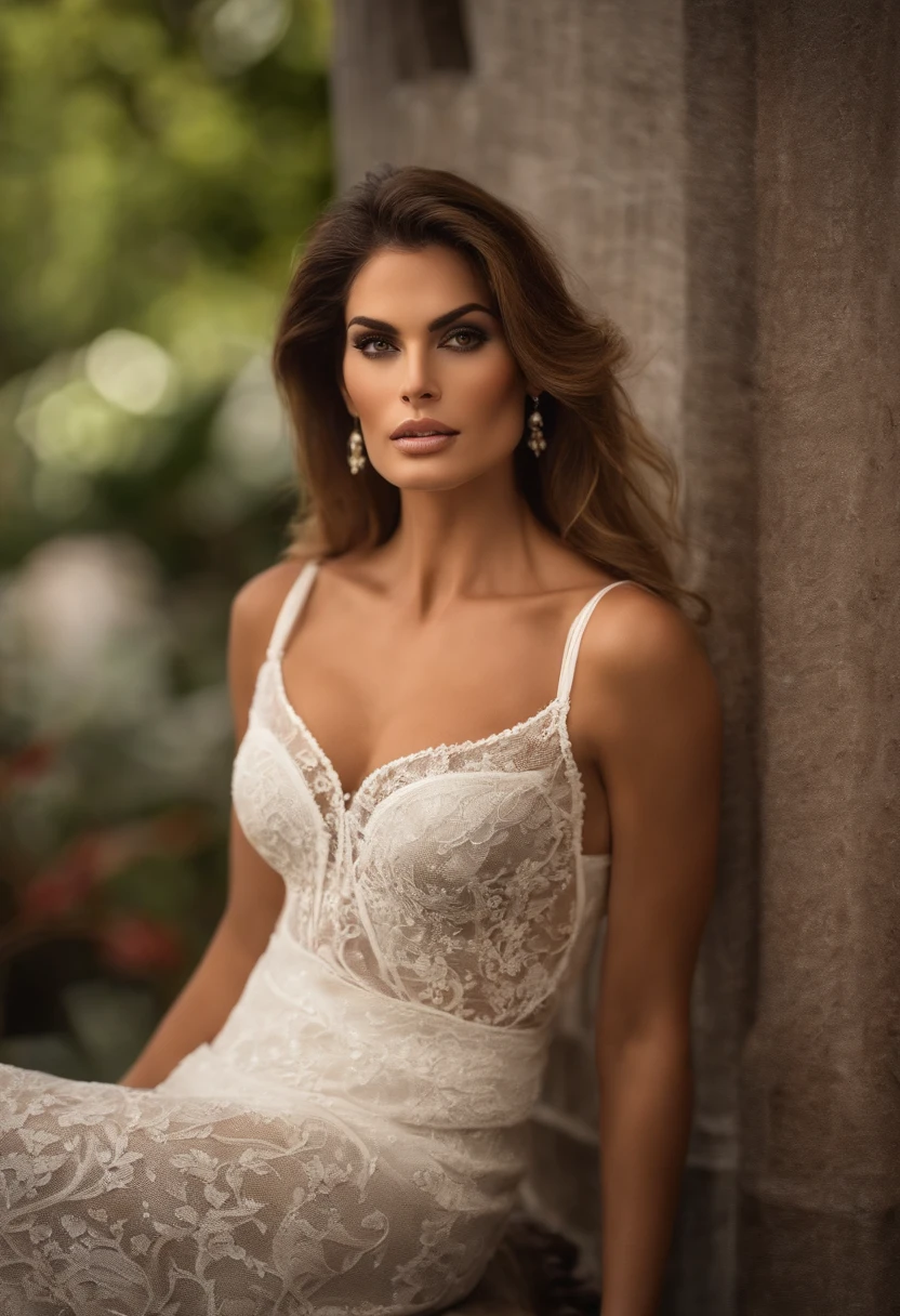 Arafed woman is full , menina sexy com olhos castanhos, Ultra realista, detalhe meticuloso, Retrato de Cindy Crawford 20 anos , cabelos castanhos e olhos grandes, visible nipplesSelfie of a young woman, Olhos no quarto, without Макияж, maquiagem natural, staring directly at camera, Rosto com ArtGram, dezentes Maquiagem, Foto deslumbrante de corpo inteiro, ajoelhado na cama, no quarto, e tamanho grande do busto