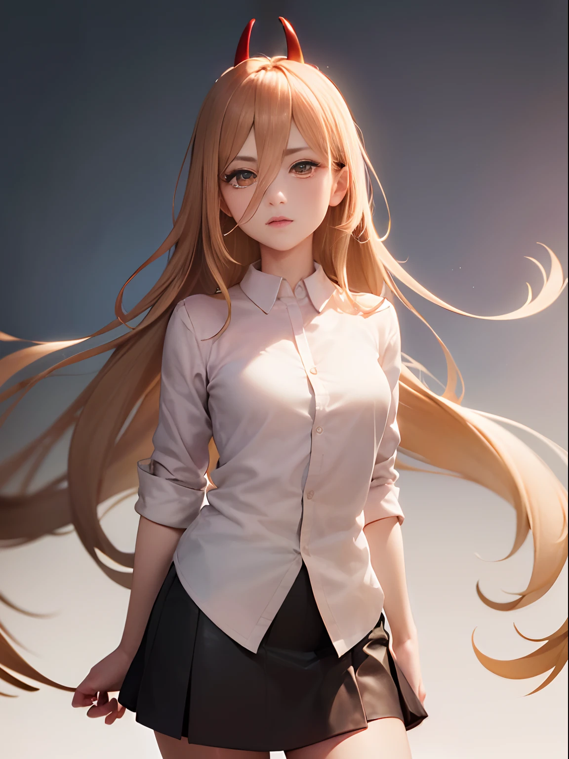 ((masterpiece, best quality)), (1girl), (solo), (female focus), (ahoge, brown hair, very long hair), golden eyes, ((white shirt), (buttoned shirt), (gap button)), ((black skirt), (short skirt)), standing, black background, dynamic angle