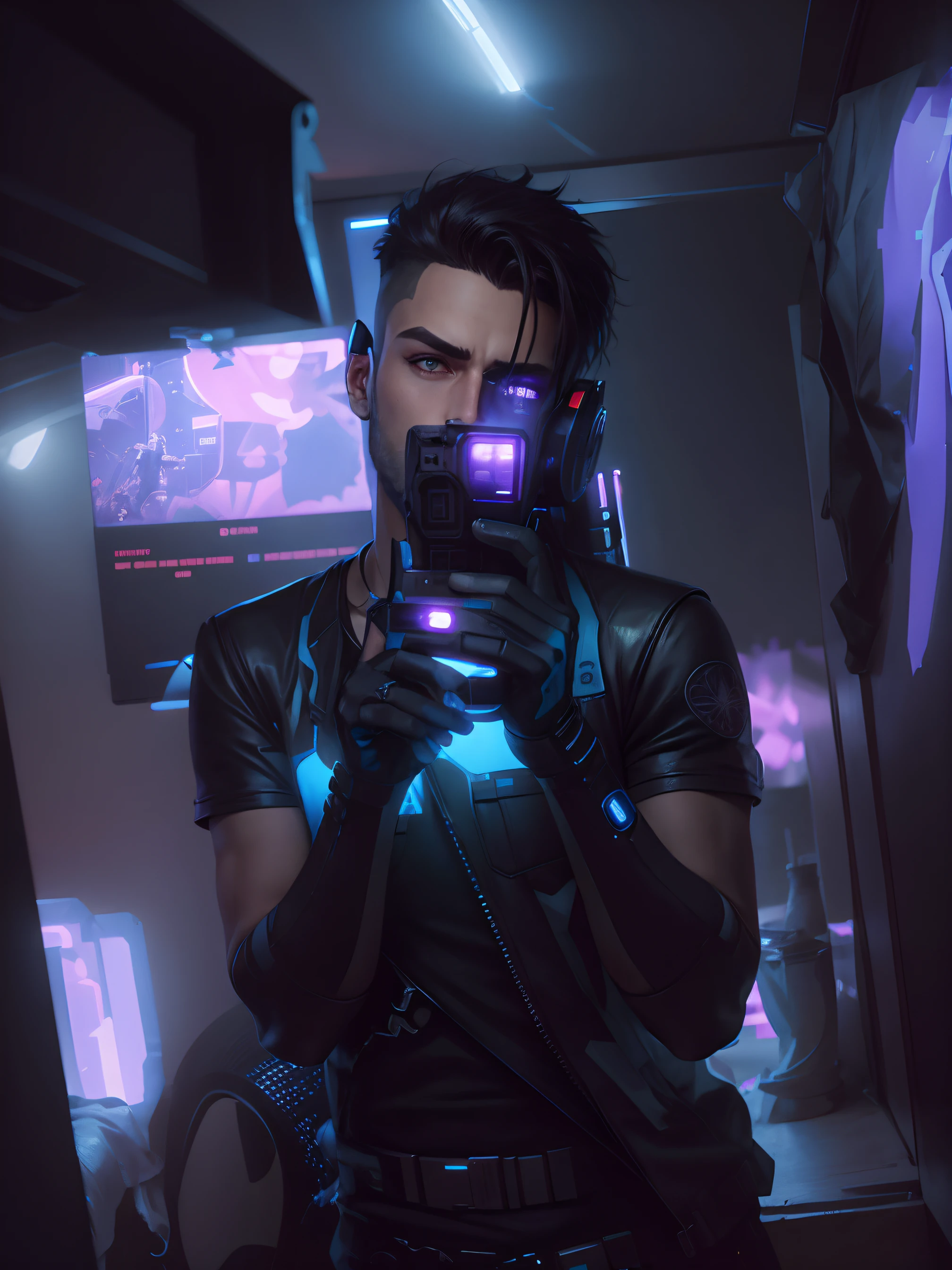 Cyberpunk handsome boy,black hair,blue eyes,real face,same background,real boy face boy