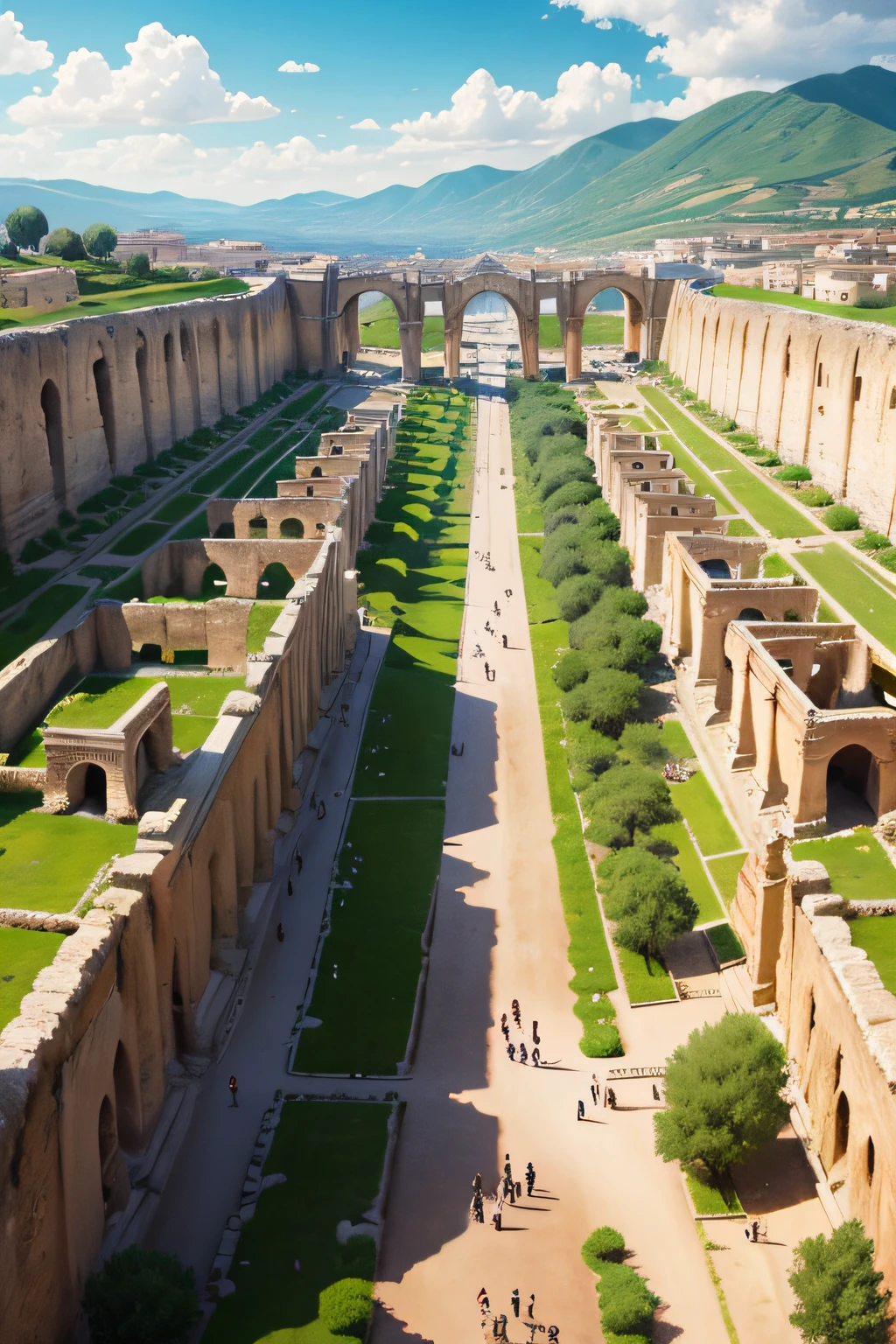 Ancient scenery of Rome: Create an image that represents a panoramic view of an ancient Rome, com colunas, aqueducts and people dressed in Roman fashion.