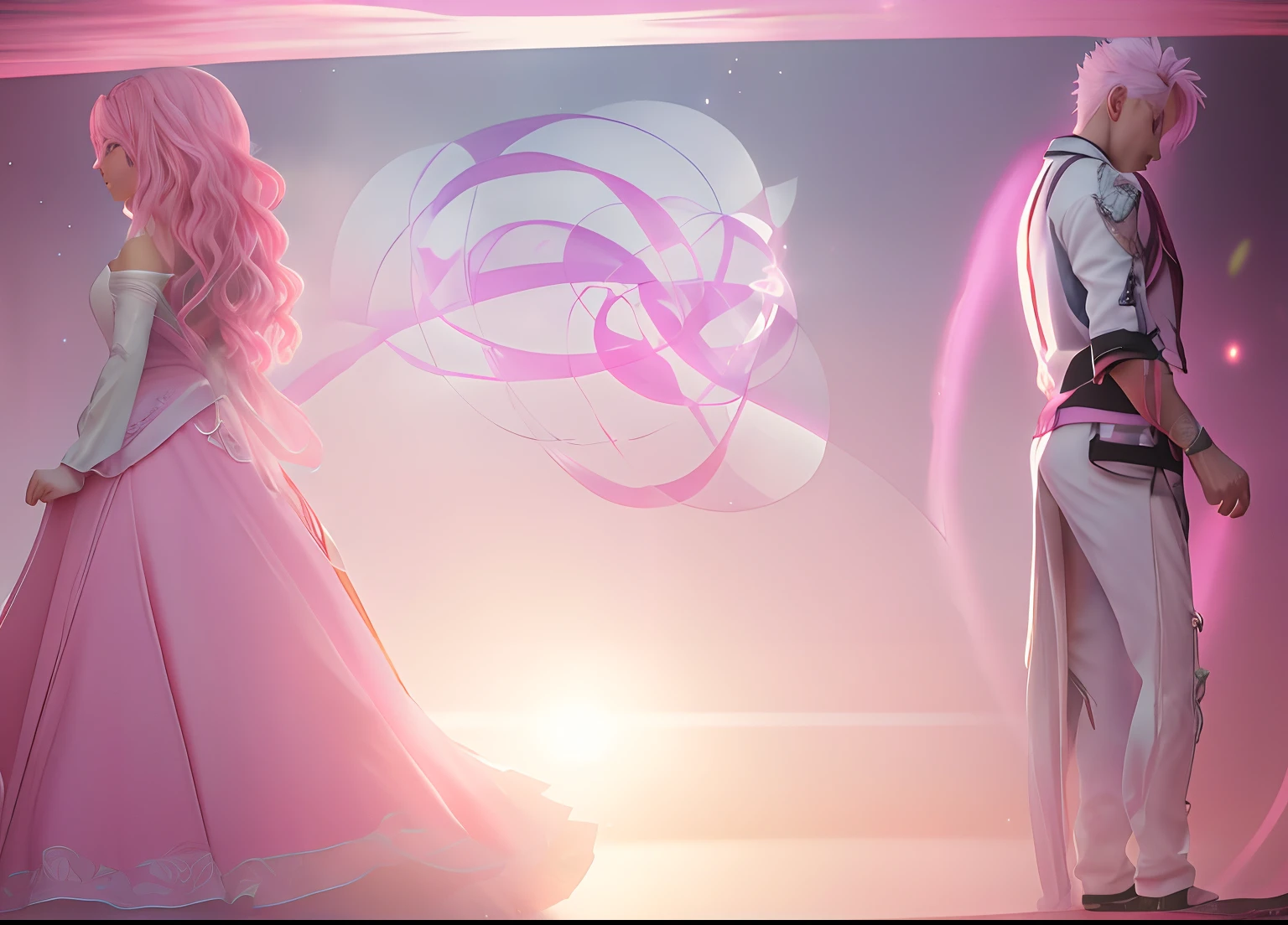 Anime characters dressed in pink and white standing in front of a pink background, concept art magical highlight, stunning arcanum backdrop, ethereal anime, ballroom background, Arte Conceitual do Amor, soft light melanchônica pink, official rendering, quadro-chave, a still of an ethereal, Quadro-chave do anime, luz suave 4K em rosa, luz solar rosa, !arte conceitual dos sonhos