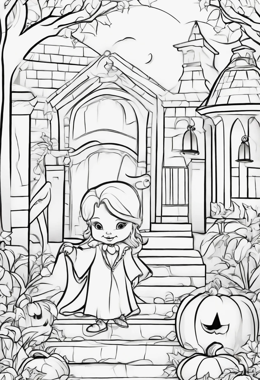 Halloween coloring pages for kids, cute little vampire scenes cartoon style think lines low detail graffiti
