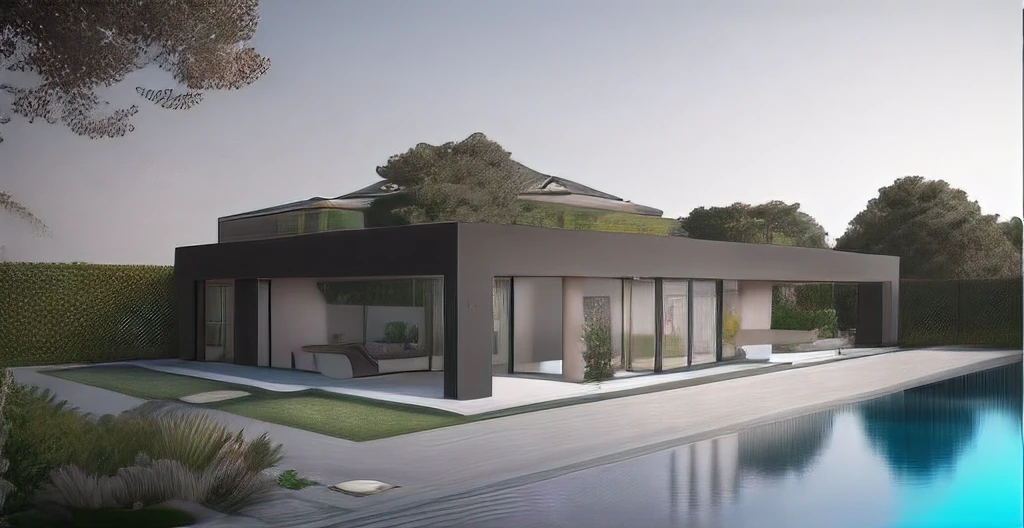 render exterior realistic Organic modern architecture on a fairly large plot, from , there is a swimming pool in the middle of a large house of a flower, color of the house in chocolate brown and black beams, large modern residence, flat roofs and garden, render luxcore, render oktane, a photorealistic rendering, architectural rendering, mantra rendering, architectural rendering, realistic rendering, architectural visualization, wellness pool, Architectural visualization, large green zones, with small zones of lavender flowers, green shrubs type lush green garden, as well as small water mirrors, swimming pool embedded in an area of sand, olive and pine trees around the house, paddle court next to the house
