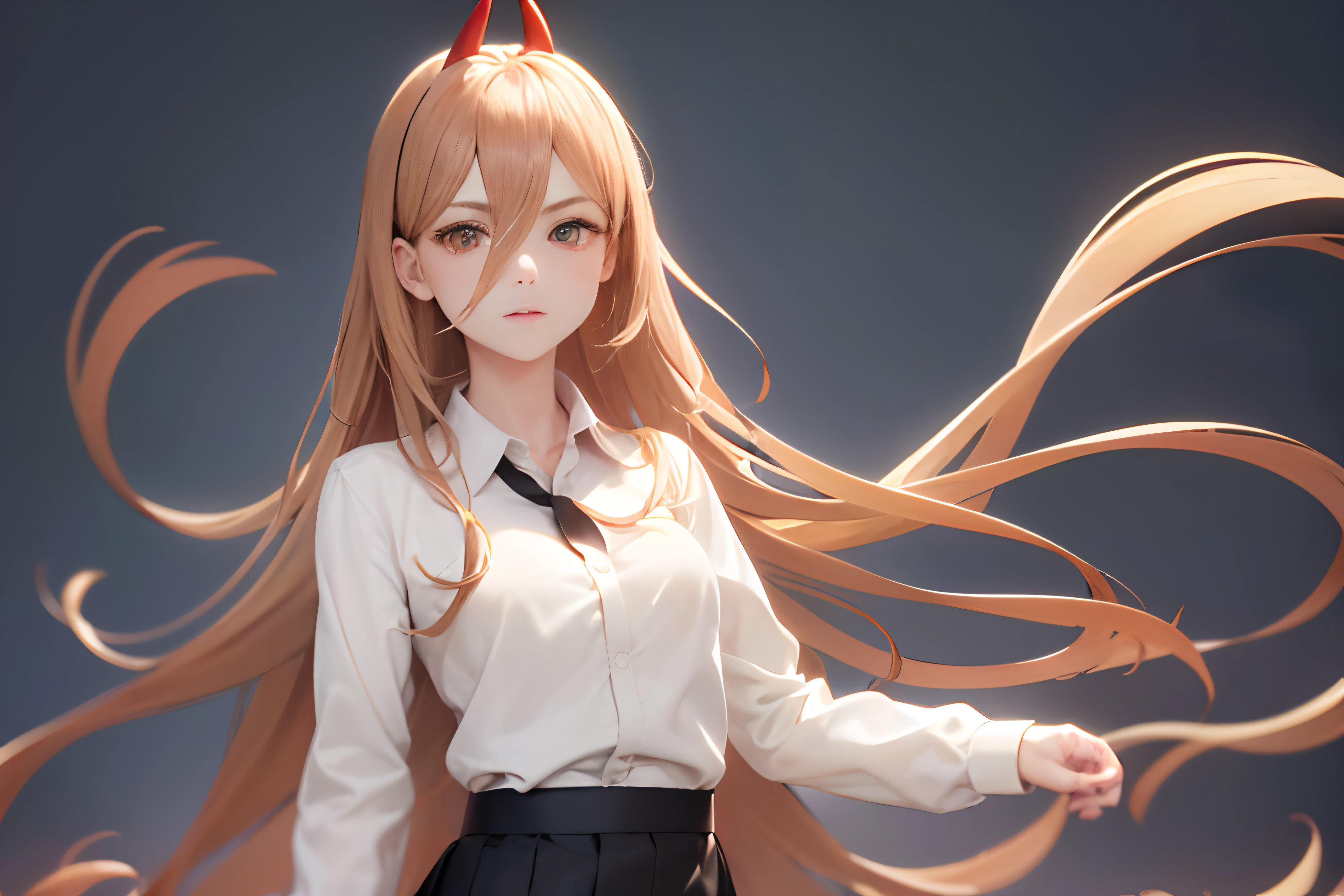 ((masterpiece, best quality)), (1girl), (solo), (female focus), (ahoge, brown hair, very long hair), golden eyes, ((white shirt), (buttoned shirt), (gap button)), ((black skirt), (short skirt)), standing, black background