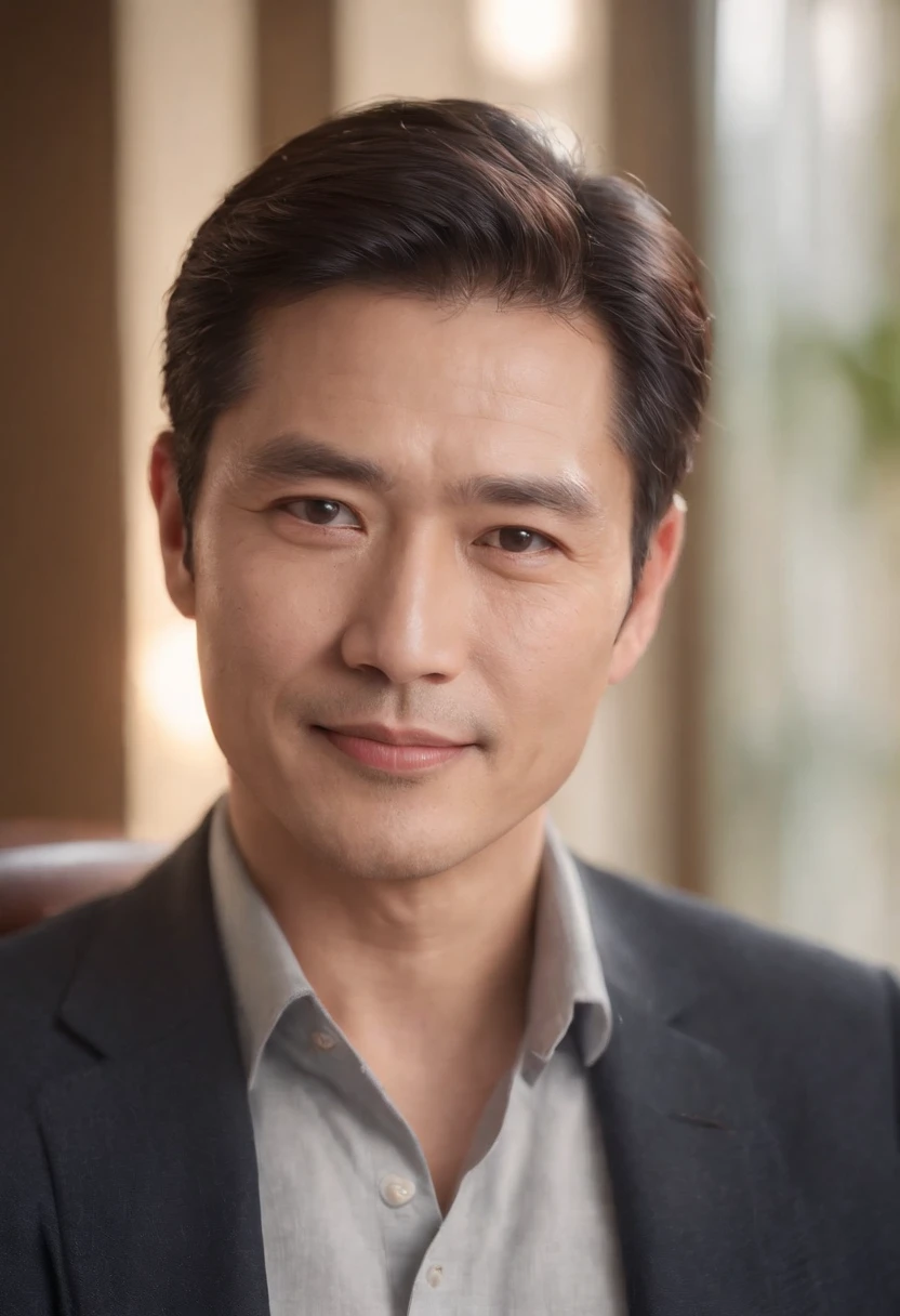 (Best Quality,hight resolution),Man sitting,(Realistic,Photorealistic:1.37),Detailed faces and facial expressions,Gentle eyes,subtle smile,Classic portrait style,Warm tones,soft and even lighting,Detailed clothing,calm and peaceful ambiance、Looking at the camera、Japan male at 50 years old、Smiling kindly、Head-on photo