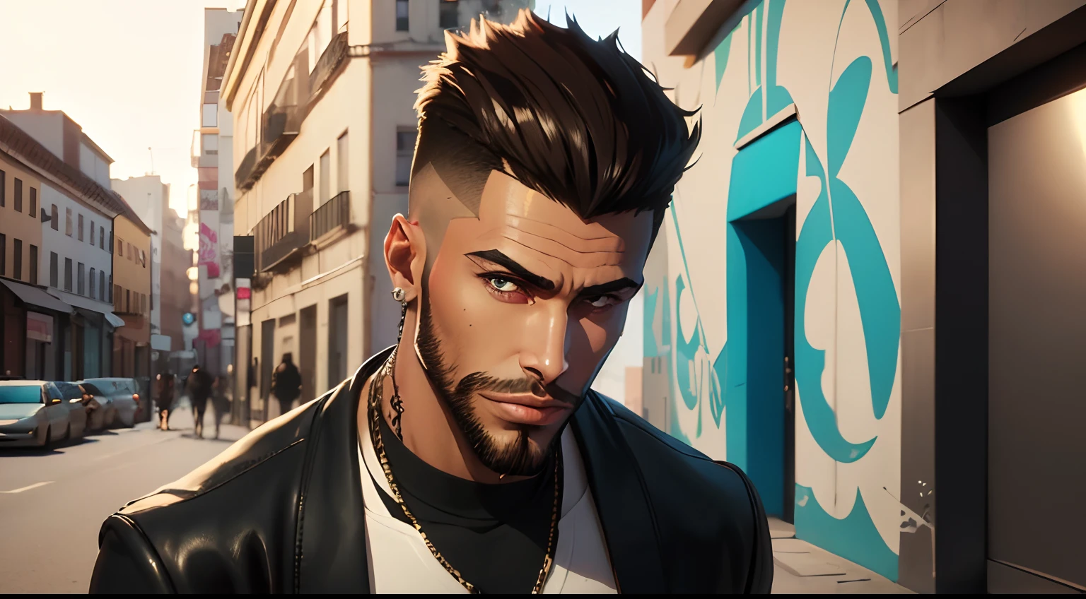 (best quality,4k,8k,highres,masterpiece:1.2),ultra-detailed,confident boy,stylish haircut,sharp jawline,stubble beard,expressive eyes,captivating smile,distinctive fashion sense,funky sneakers,posh wristwatch,swagger,coolness,street style,graffiti background,vibrant colors,edgy lighting
