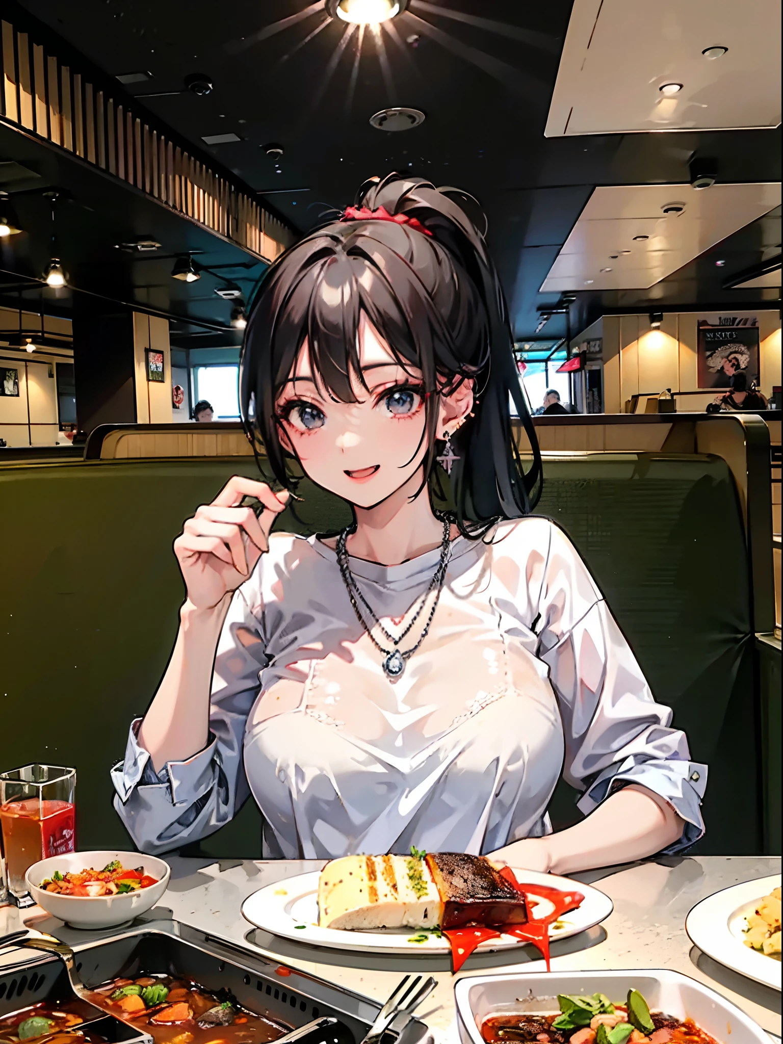 In restaurant, table, food, eating, restaurant, high resolution, 8k, masterpiece, best quality, 1girl, ponytail, mature female, cute shirt, earring, necklace, large breasts, huge breasts, open mouth, happy smile