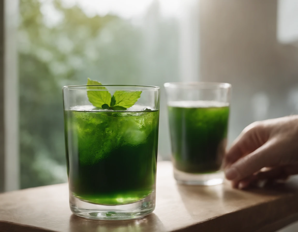 advertising image for liquid chlorophyll with a model drinking cold liquid chlorophyll in a glass cup