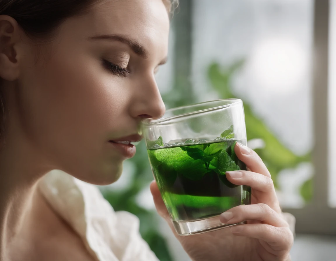 advertising image for liquid chlorophyll with a model drinking cold liquid chlorophyll in a glass cup