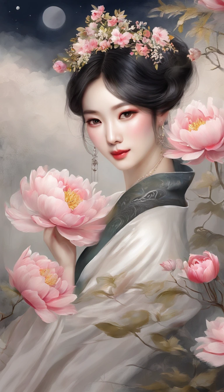 Yun wants to wear clothes and flowers to look good，The spring breeze blows Revlon。if it were not for the jade mountain, I'll see you，Will meet Yaotai moon。A beautiful concubine in ancient China, Yang Yuhuan，Yang，elegant，A shallow shy smile,（Black colored eyes），holding peony flower，（Very detailed and perfect facial depiction）,(Black coiled hair）,（Half-body appearance），Silk fabric, (Long sleeves floating), It's dancing,Happiness is light,White kitten， (There is a bright full moon in the distant sky:1.2),（surrounded by flower:1.2), vivd colour,Autumn tones，Moonlit Night，（light and shadow effect）,（vivd colour）,（Color splattering）,（Obvious layers）,（Ink painting style:1.2）,（Photography Award）,（8k wallpaper）,（Masterpiece）,（best qualtiy）,A picture,realisticlying