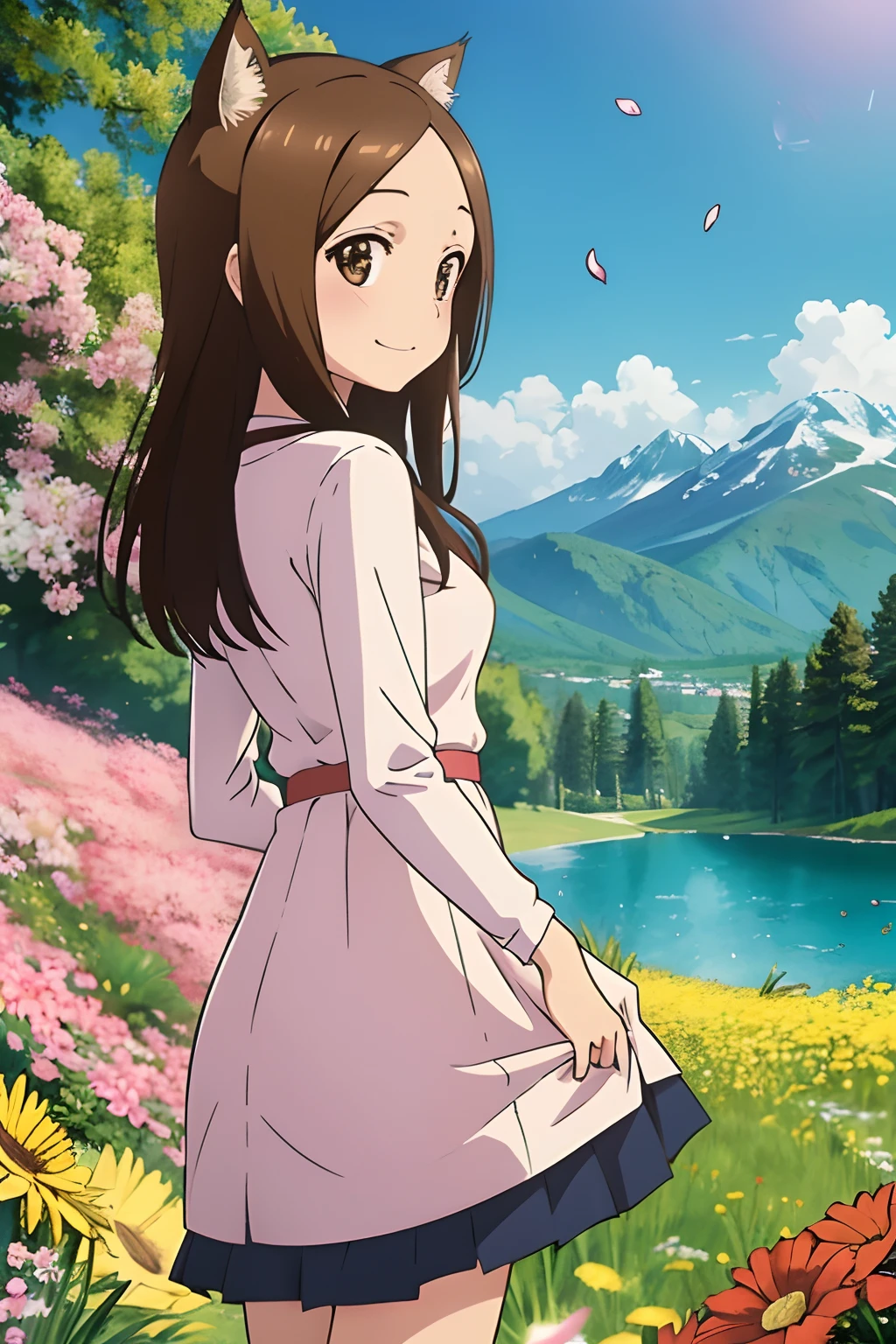 (Realistic),(Photorealistic),Takagi_San, 1girl in, Height 155 cm,Long hair, Cat's ears,Brown hair, Part bangs, Brown eyes,（（German national costume））,（（white frills））,（pink clothing）,large full breasts,cleavage of the breast,Forehead,Smile, Looking at Viewer,masutepiece,Big ass,Cat's tail,Full body, Best Quality, (Colorful),volumatic light, Ray tracing,the Extremely Detailed CG Unity 8K Wallpapers,Smile,((flying petal)),(Flowery meadow), Sunny,Sunshine, light, Fantasy, Windy, magic sparks, Trees, lake, mountainscape, ((Flowers)),weeds