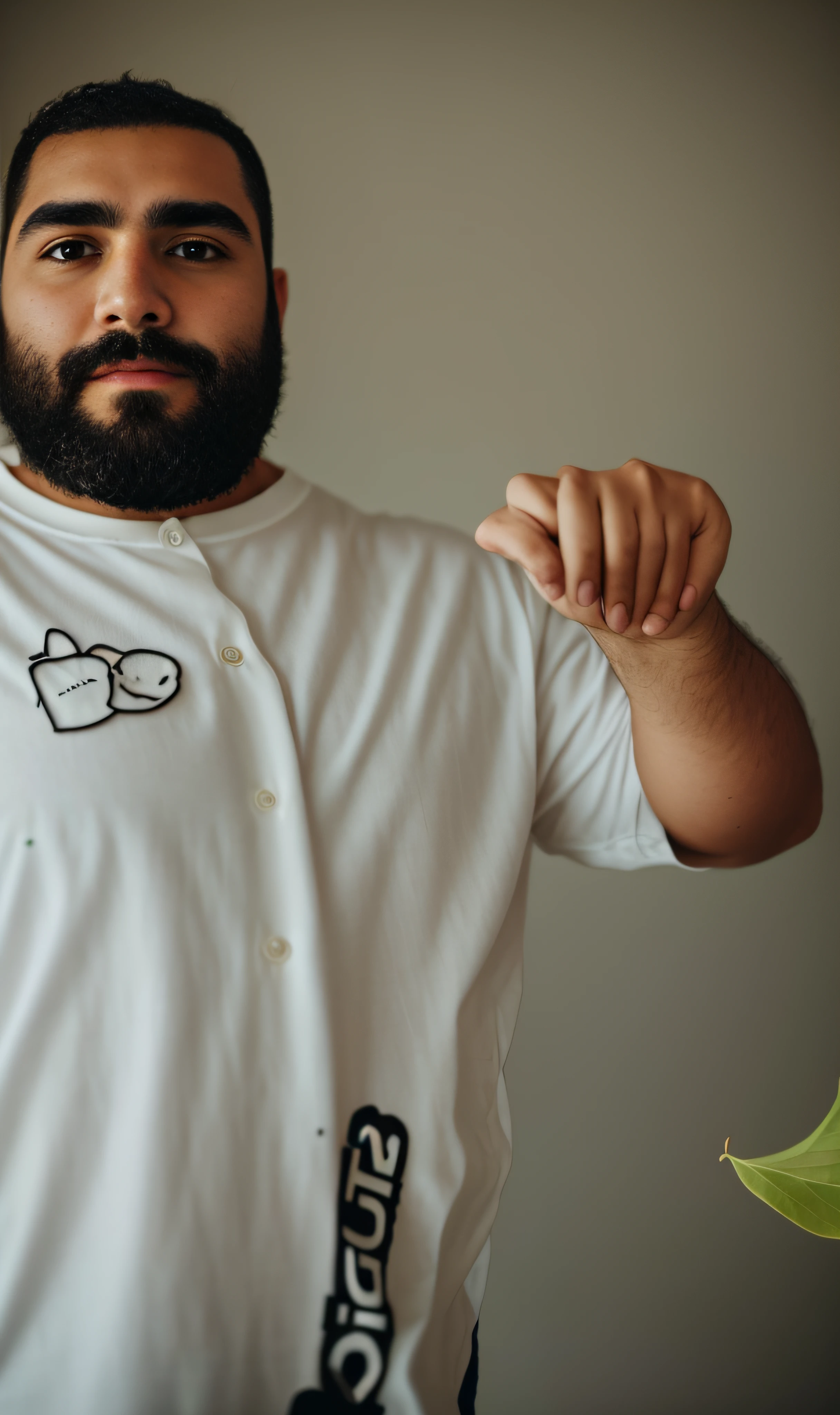 there is a man with a beard and a shirt on posing for a picture, holding a leaf inside your hand, vestindo uma camiseta branca, closeup estilo gesto pesado. dedos definidos