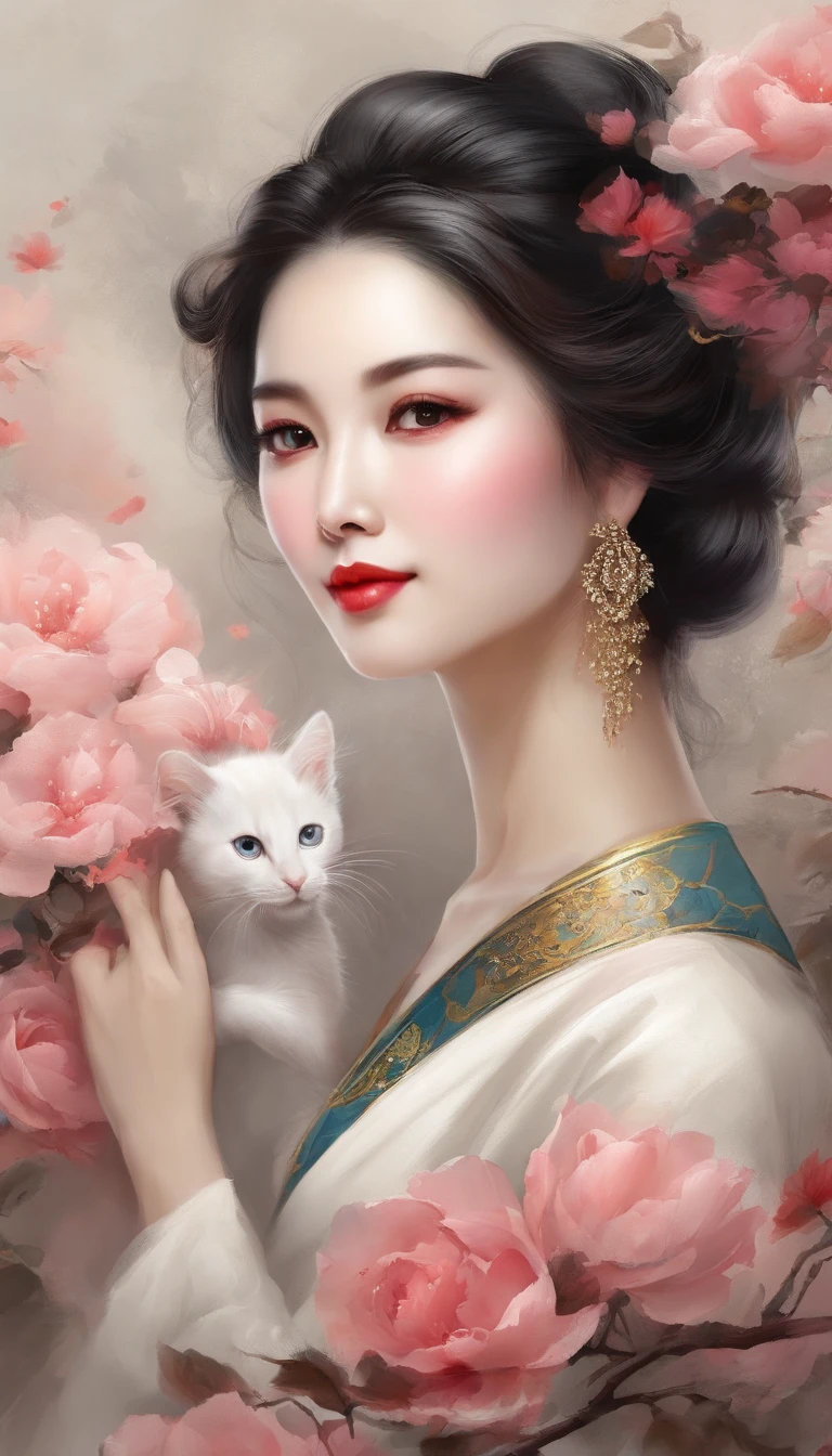 Yun wants to wear clothes and flowers to look good,The spring breeze blows Revlon。if it were not for the jade mountain, I'll see you,Will meet Yaotai moon。A beautiful concubine in ancient China, Yang Yuhuan,Yang,elegant,A shallow shy smile,(Black colored eyes),holding peony flower,(Very detailed and perfect facial depiction),(Black coiled hair),(Half-body appearance),Silk fabric, (Long sleeves floating), It's dancing,Happiness is light,White kitten, (There is a bright full moon in the distant sky:1.2),(surrounded by flower:1.2), vivd colour,Autumn tones,Moonlit Night,(light and shadow effect),(vivd colour),(Color splattering),(Obvious layers),(Ink painting style:1.2),(Photography Award),(8k wallpaper),(Masterpiece),(best qualtiy),A picture,realisticlying
