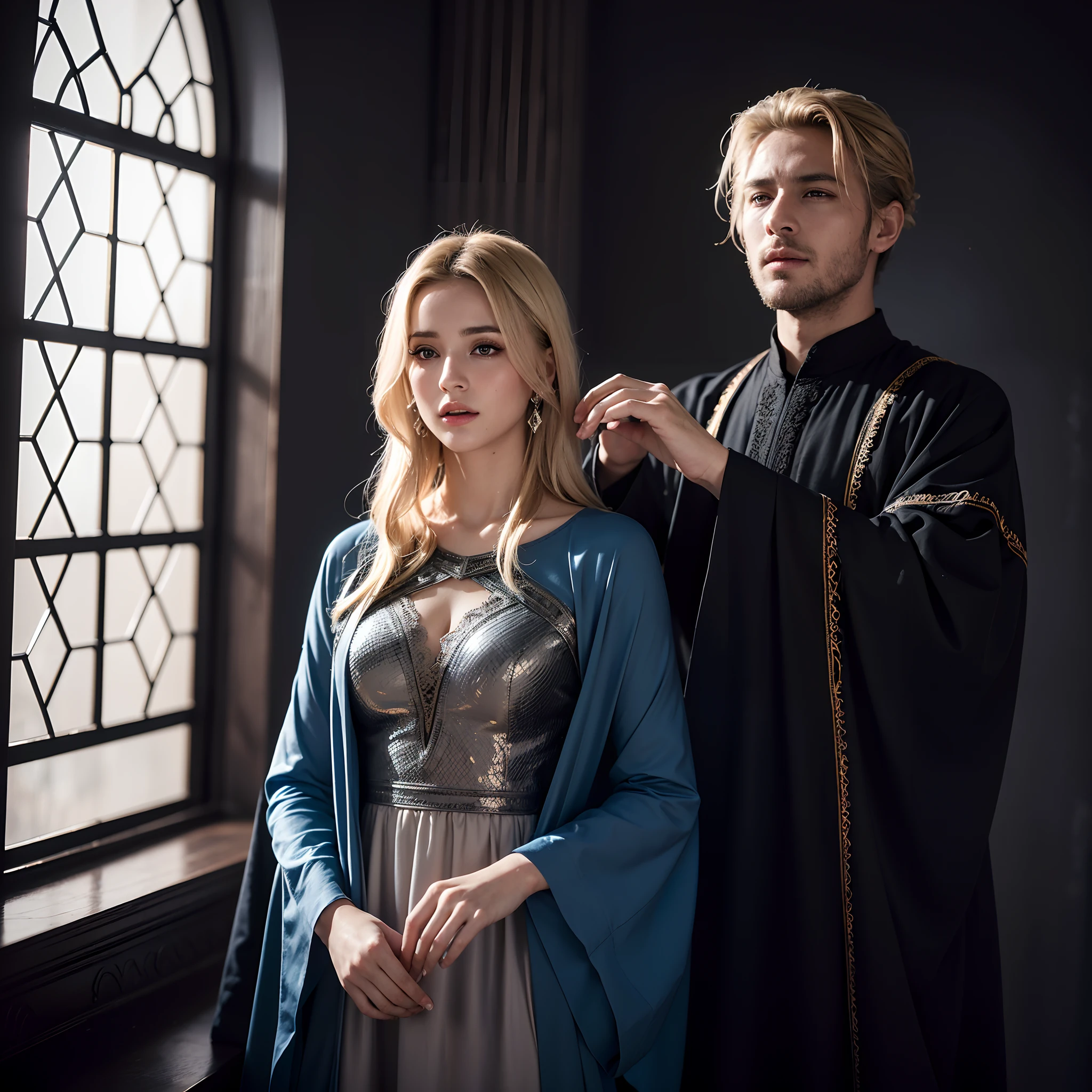 Best quality, Masterpiece, ultra highres, (photoreallistic:1.4), Photo brute, 1fille, cheveux blonds, yeux bleus, Detailed eyes and face, costume noir, dinamic lighting, Dans le noir, ombre profonde, Wearing Moroccan caftan respectable different design types colors