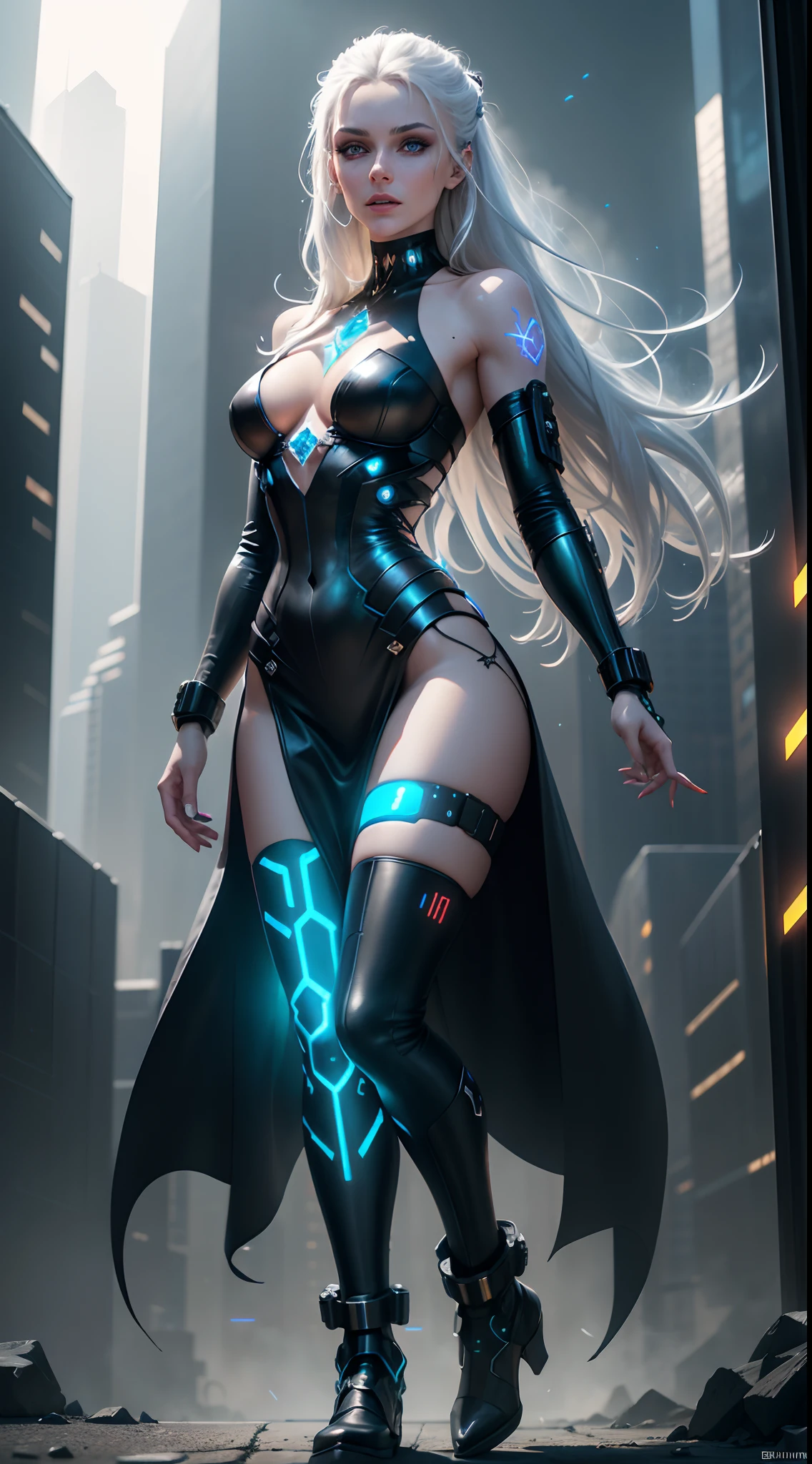 (best quality,4k,8k,highres,masterpiece:1.2),ultra-detailed,(realistic,photorealistic,photo-realistic:1.37),cyberpunk sorceress,eye-catching,exquisite, enchanting,sleek,wearing a tight snake skin dress,seductive,long silver-white hair flowing gently,bright neon lights reflecting off her pale skin,glowing vibrant tattoos covering her arms and legs,powerful aura emanating from her,electric blue eyes piercing through the darkness as she casts a spell,hovering above the ground with her cybernetic enhanced boots,holding a glowing crystal orb in her delicate hands,crackling with arcane energy,surrounded by floating holographic runes and sigils,city skyline in the background with towering skyscrapers and flying vehicles,smoke and mist swirling around her,eerie cyberpunk music playing in the background,heightening the sense of mystery and magic,retro-futuristic technology integrated into her outfit and accessories,exuding a sense of power and confidence,creating an atmosphere of futuristic fantasy and urban enchantment,with a touch of darkness and rebellion,embodying the fusion of cybernetics and ancient sorcery,creating a captivating and visually stunning artwork.