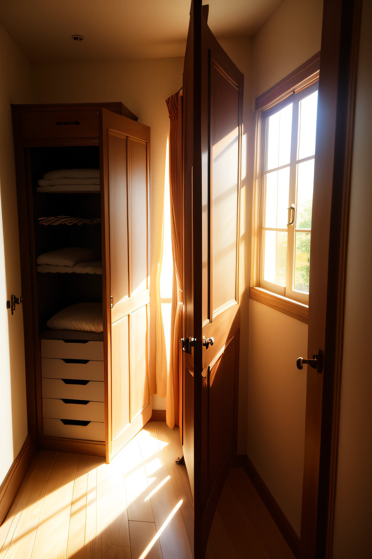 Double door standing wardrobe,Half masked,Sunlight by the window,Leisure,warmth,Warm