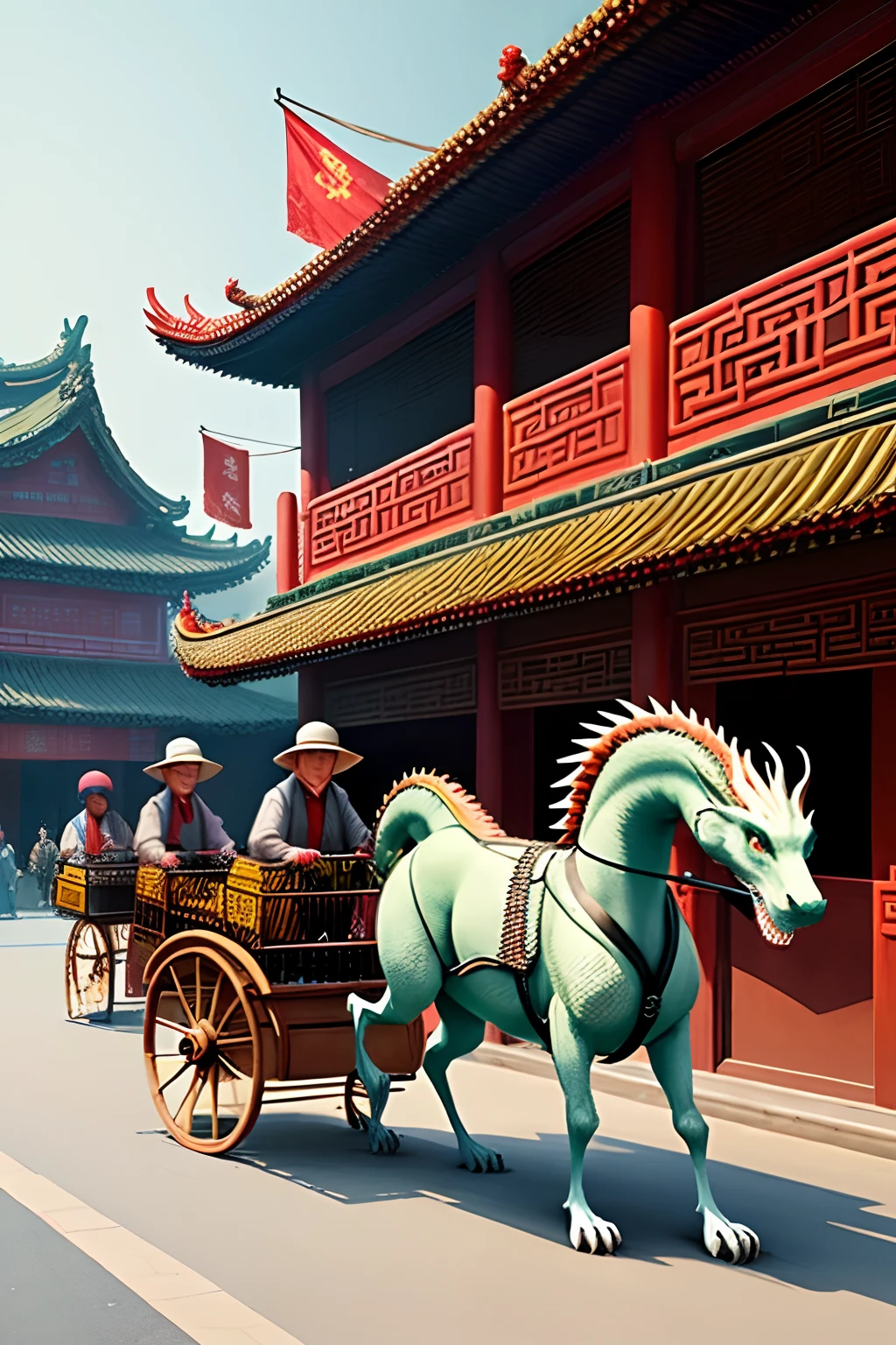 Dragons pulling carts in china.