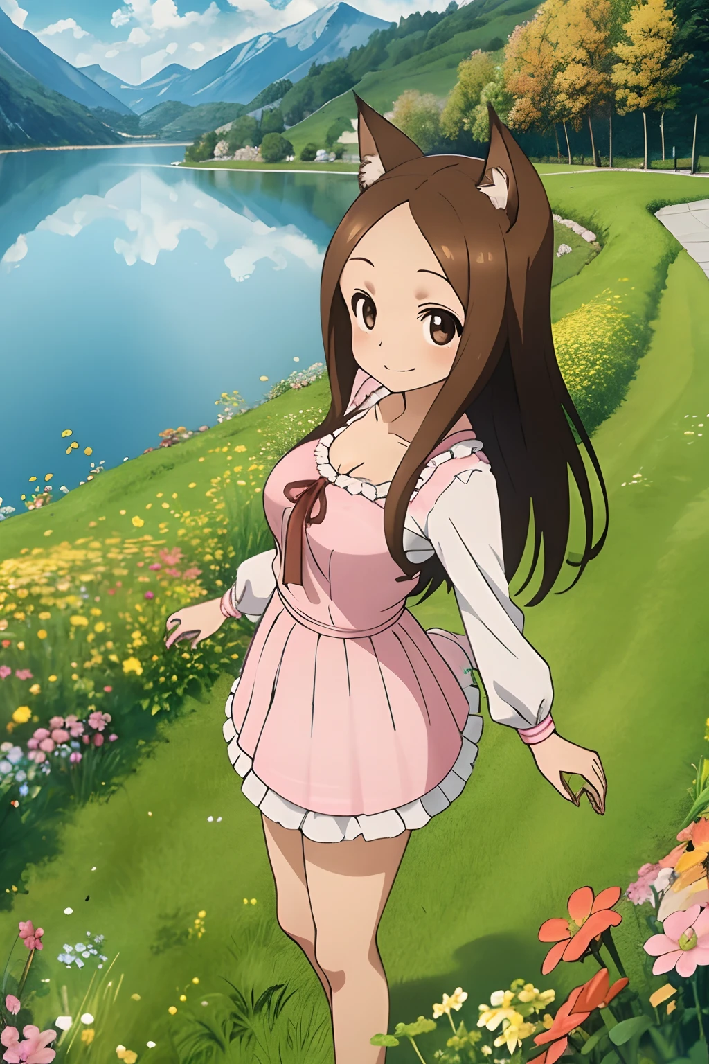 (Realistic),(Photorealistic),Takagi_San, 1girl in, Height 155 cm,Long hair, Cat's ears,Brown hair, Part bangs, Brown eyes,（（German national costume））,（（white frills））,（pink clothing）,large full breasts,cleavage of the breast,Forehead,Smile, Looking at Viewer,masutepiece,Big ass,Cat's tail,Full body, Best Quality, (Colorful),volumatic light, Ray tracing,the Extremely Detailed CG Unity 8K Wallpapers,Smile,((flying petal)),(Flowery meadow), Sunny,Sunshine, light, Fantasy, Windy, magic sparks, Trees, lake, mountainscape, ((Flowers)),weeds