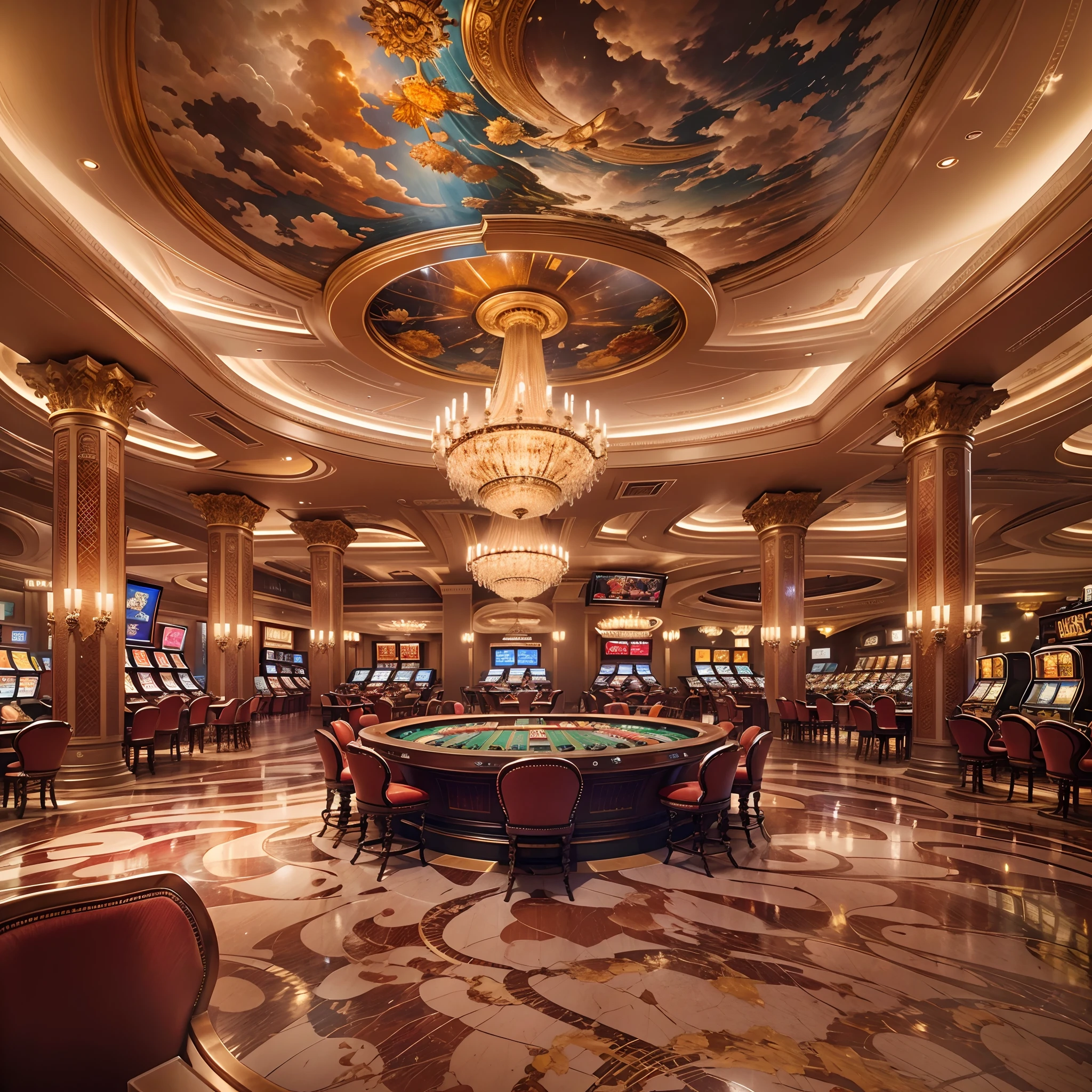 (Best quality,4K,8K,A high resolution,Masterpiece:1.2),Ultra-detailed,Realistic,Photorealistic:1.37,Large gambling casinos，The lights are shining,Richly decorated,Shiny chandelier,Luxurious marble floors,Spacious gaming table,Professional chips, Elegant roulette,Towering slot machines,Exquisite glassware and champagne bottles in the VIP lounge area,Impressive ceiling frescoes depict scenes of victory and fortune,Gravity-defying architecture and stunning glass facades, Magnificent aerial view of the entire casino complex at night,Dynamic interaction of light, Create captivating visual spectacle,Illuminate the scene with warm and inviting lighting.