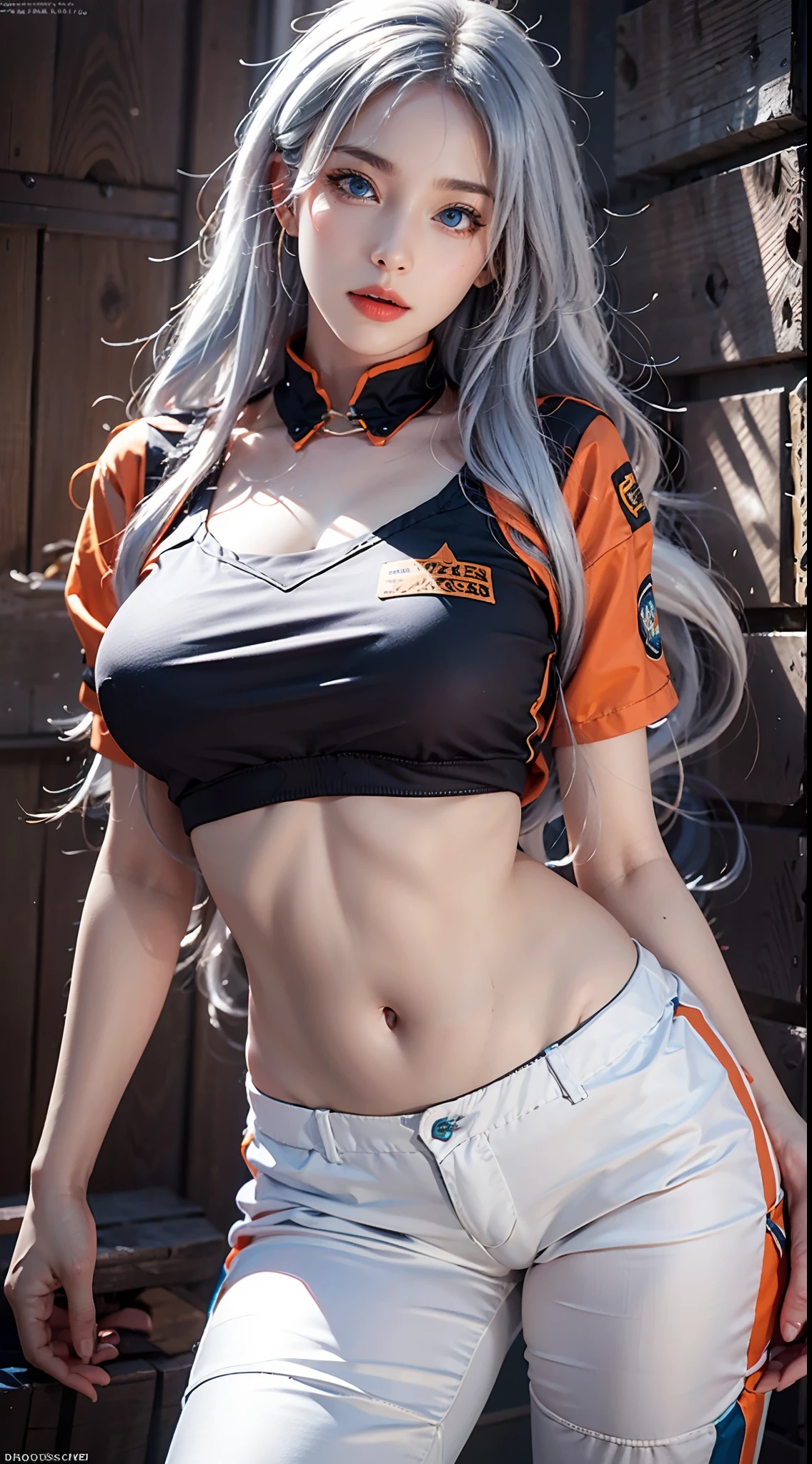 photorealistic, high resolution, soft lights, 1women, solo, hips up, (blue eyes, long hair, white hair), prisoner uniform, orange shirt, orange pants, prison, hips up, tattoo