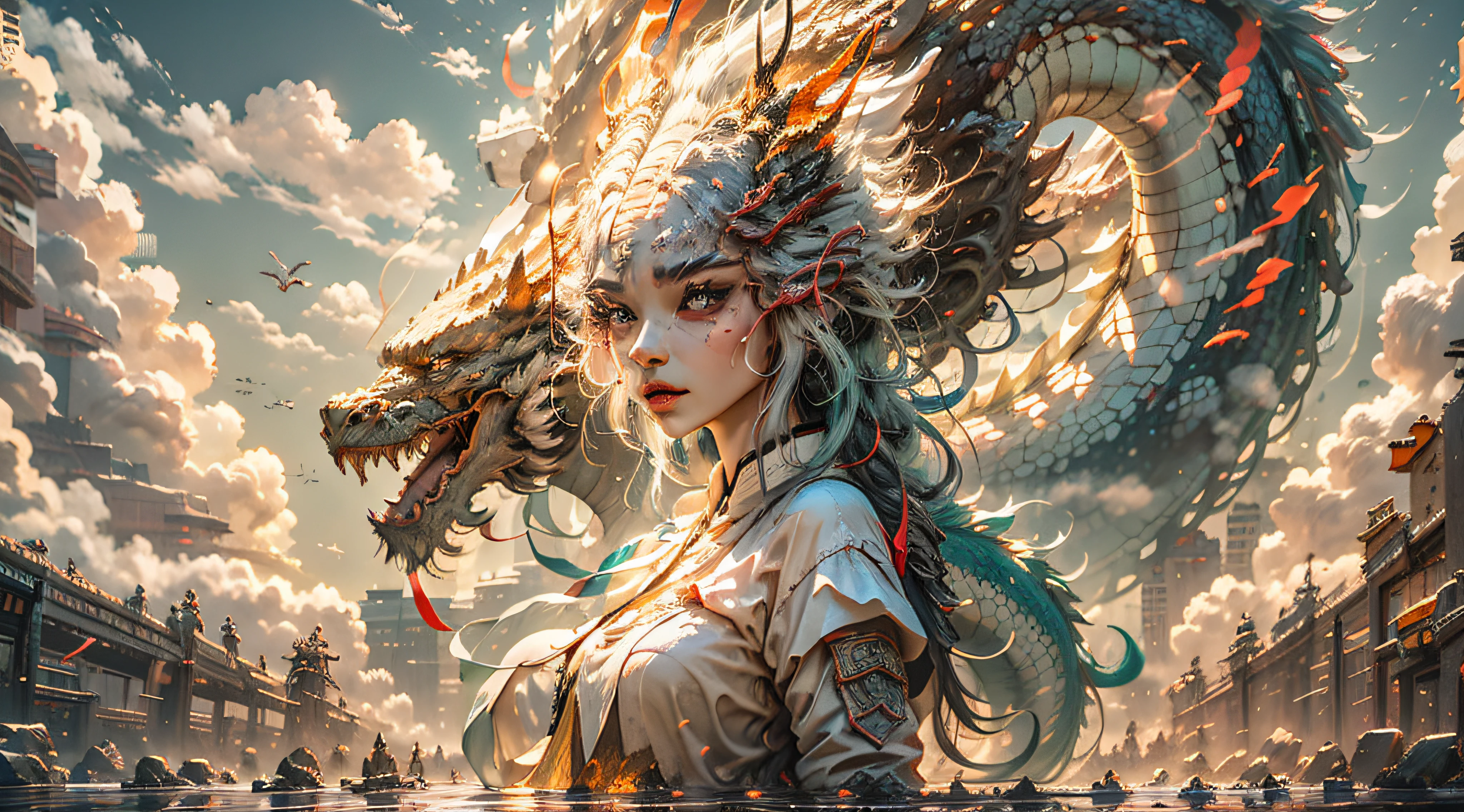 The Chinese White Divine Dragon soared into the air,(Girl manipulates dragons:1.3),(The girl has her back to the camera:1.3),Sky clouds surround the surroundings,Light magic,Fantastic background,Meaning background,Ridiculous background,There are artistic overlays,multicolored hair, surrealism, Cinematic lighting, Ray tracing, god light, speed-line, angle of view, hyper HD, Masterpiece, Best quality, Super detail, A high resolution, High quality,(Far view:1.3)