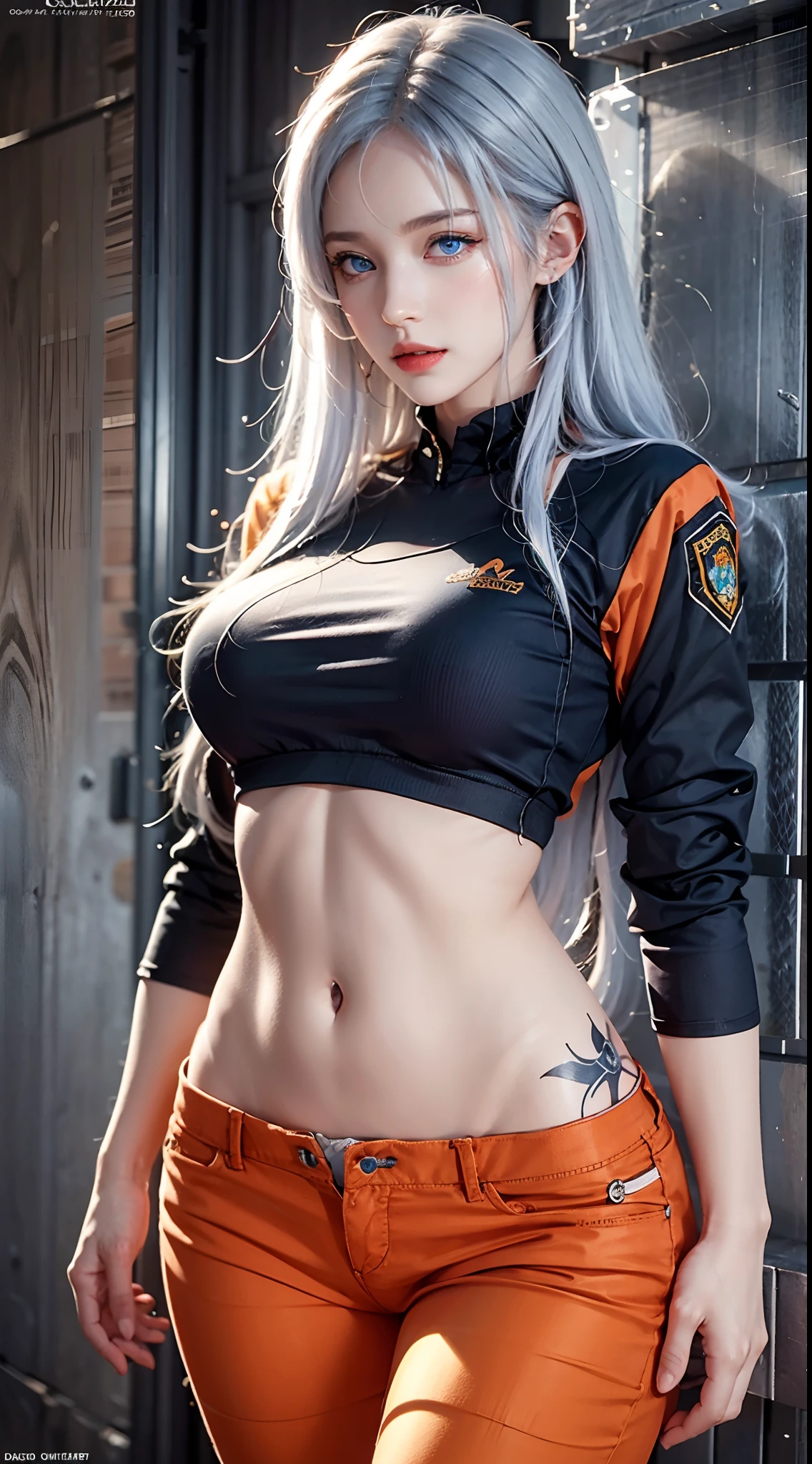 photorealistic, high resolution, soft lights, 1women, solo, hips up, (blue eyes, long hair, white hair), prisoner uniform, orange shirt, orange pants, prison, hips up, tattoo