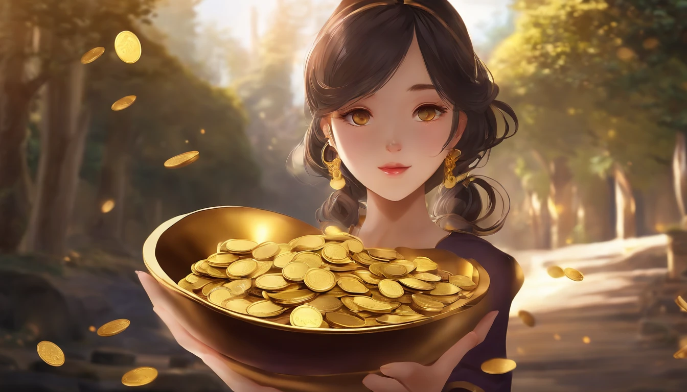 Anime girl holding a bowl of gold coins in her hand,super-fine