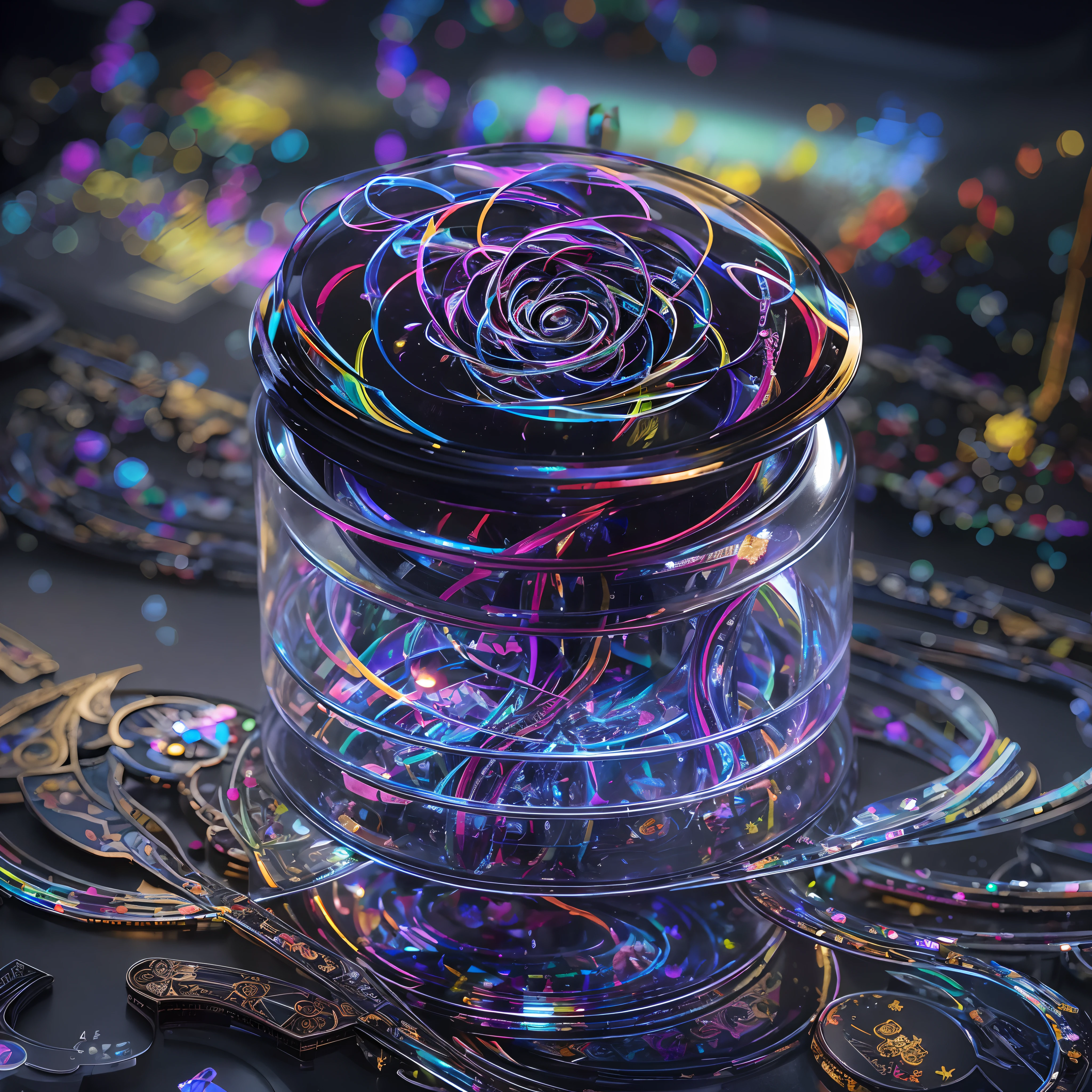 A masterpiece of the highest quality and ultra-detail. A single transparent black rose is stuck inside a jar decorated with elaborate high-tech equipment. Cutting-edge technology, futuristic art, and works of art that no one on earth has ever seen before. Zoom in. Vibrant high contrast colors. A black rose composed of the ultimate DNA, shining a mysterious rainbow aura and illuminating the space. It's a creative atmosphere. Photorealistic, just like a real photo.