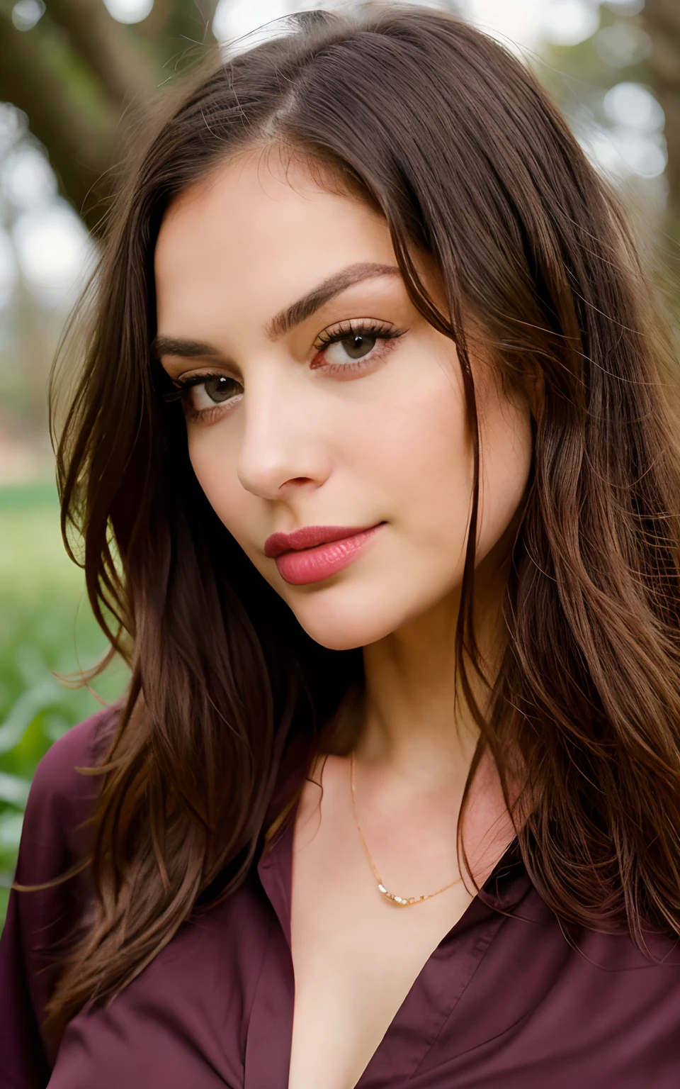 HD quality, maximum detail, macro portrait full body of the beautiful woman, field depth, perfect woman, 25 years, hair covered the breasts, makeup, long hair, perfect face, pretty mouth, pretty nose, sensual woman, totally gorgeous, face with sarcastic expression, caucasian, blond hair, evil look, v-shaped maroon shirt, realistic, details, style: Detailed photo
