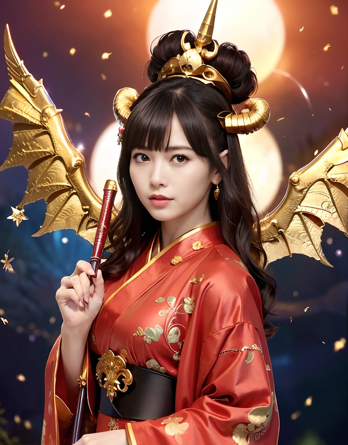 ((World of Darkness)),Professional , ​masterpiece、top-quality、photos realistic , depth of fields 、（sexypose）、(Black maple on the background of full bloom),（Ultimate Beauty）、A dark-haired、（shrine background)、（Kimono with beautiful pattern）、（Night background）、Beautiful hair ornament on the head、（（Precipitous cliffs））,(Wear a beautiful kimono),（Wear a beautiful kimono with colorful floral patterns）、Jewel Gold Weapon、Particles of light),(Wearing a wizard's hat）、Gorgeous gold weapons ,Castle background、（（ Gorgeous Dragon Sword）） , （a dark night）,,（maikurobikini） 、（（Black Haired Beautiful Girl））、（Castle background）、（demonic wings）、（（Gangle's forest background））、Beautiful Caucasian beauty、１a person、dynamic ungle,(((Two devil's horns on the head)))、Smaller head、Idle Smile、Thin and beautiful female hands、Mystical expression、Light Effects、intense fighting、Wind-effect、magic circles、With the legendary magic wand、Dragon's tail、