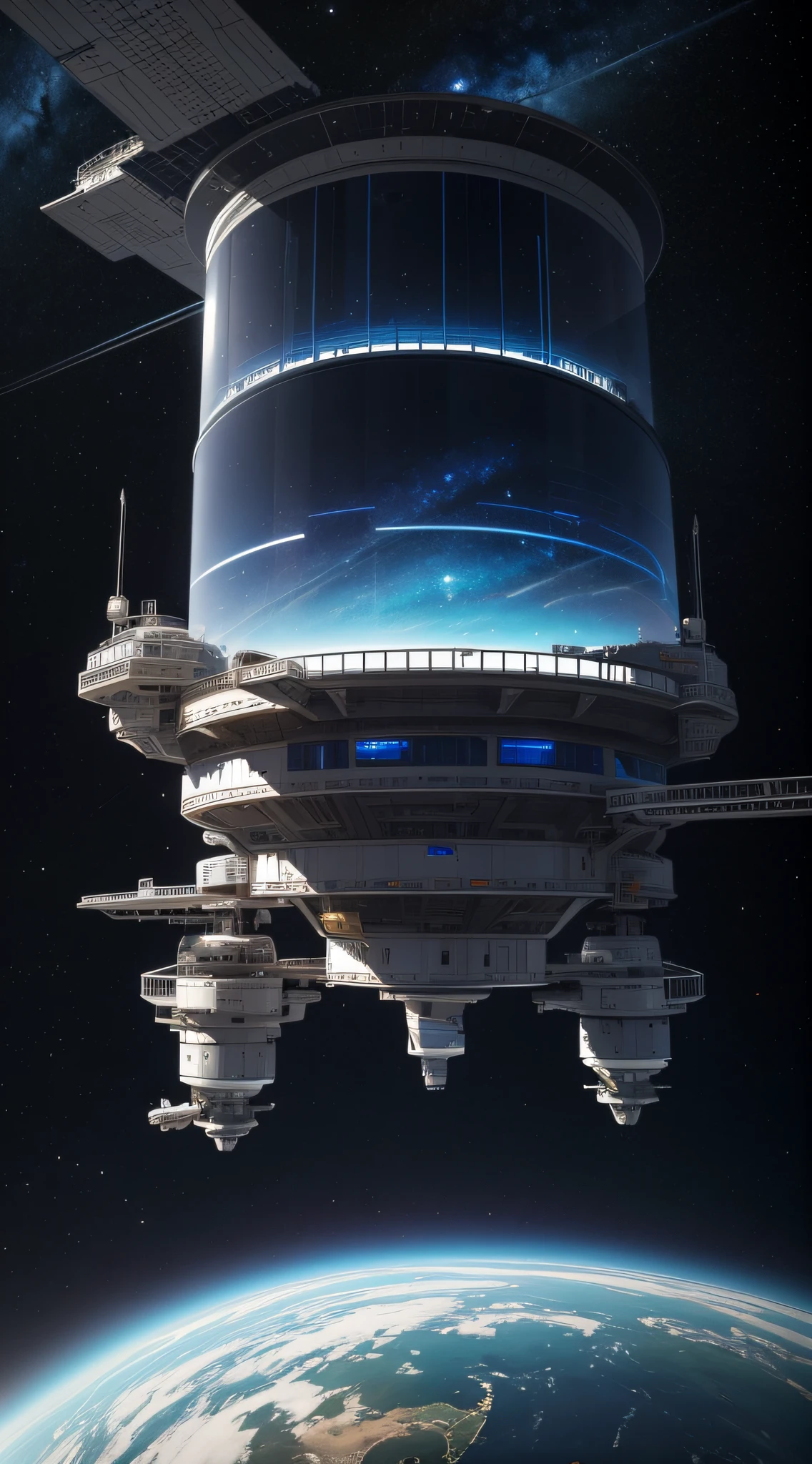 Design a speculative space station perched at the edge of the transparent barrier.