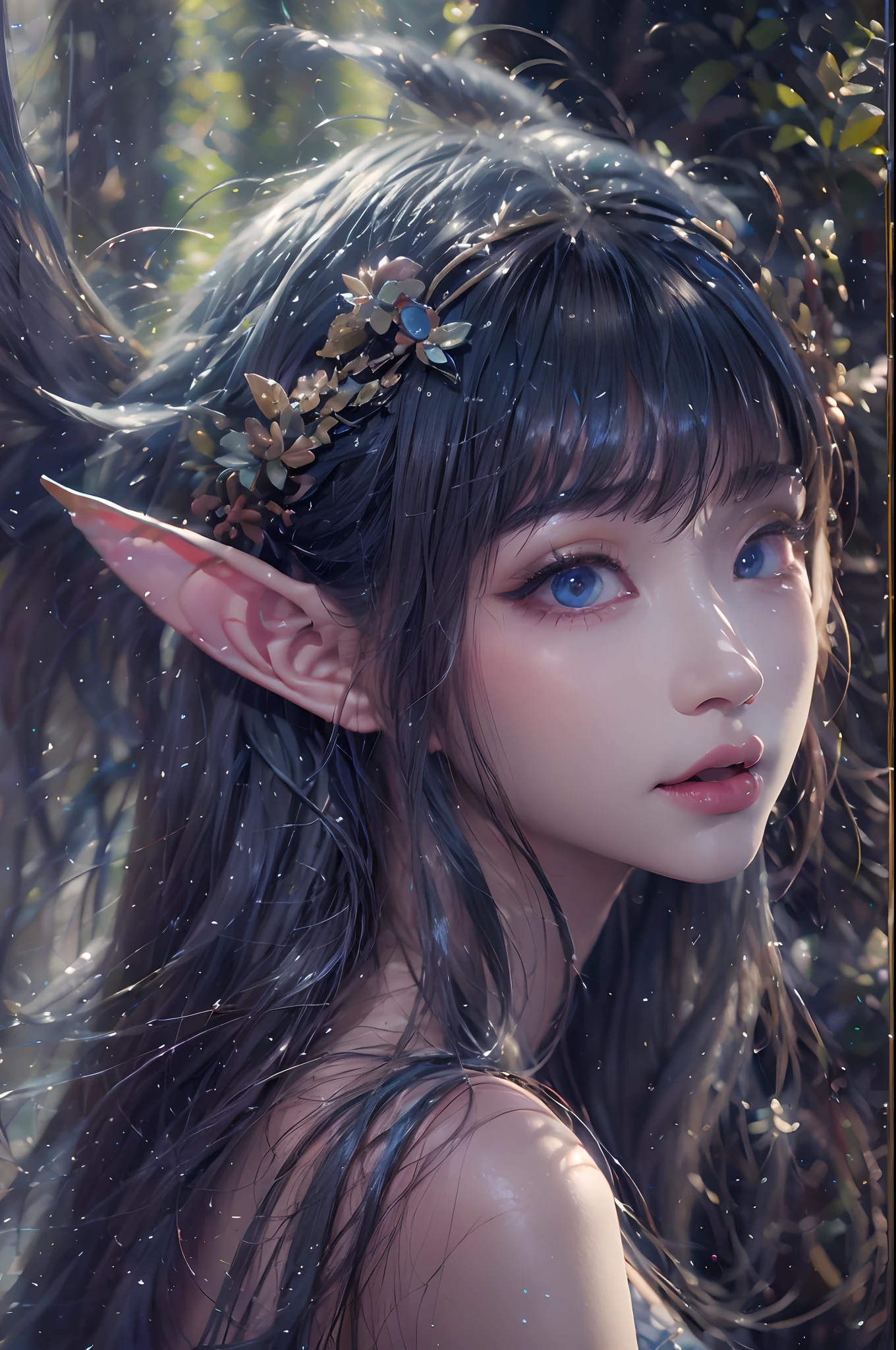 ( Absurd, High quality, Ultra-detailed, Masterpiece, concept-art, smooth, high detail artwork, Hyper-realistic painting ) , elf, Plum elf, plum , Transparent fairy wings, huge tit,low chest,fairytale-like, Romantic, Vivid, Whole body,hand behind back,Malu,largeeyes,(Eye focus),Cosmic eyes,Space eyes,In nature with waterfalls,PureErosFace_V1,Urzang-6500-V1 version.1,
