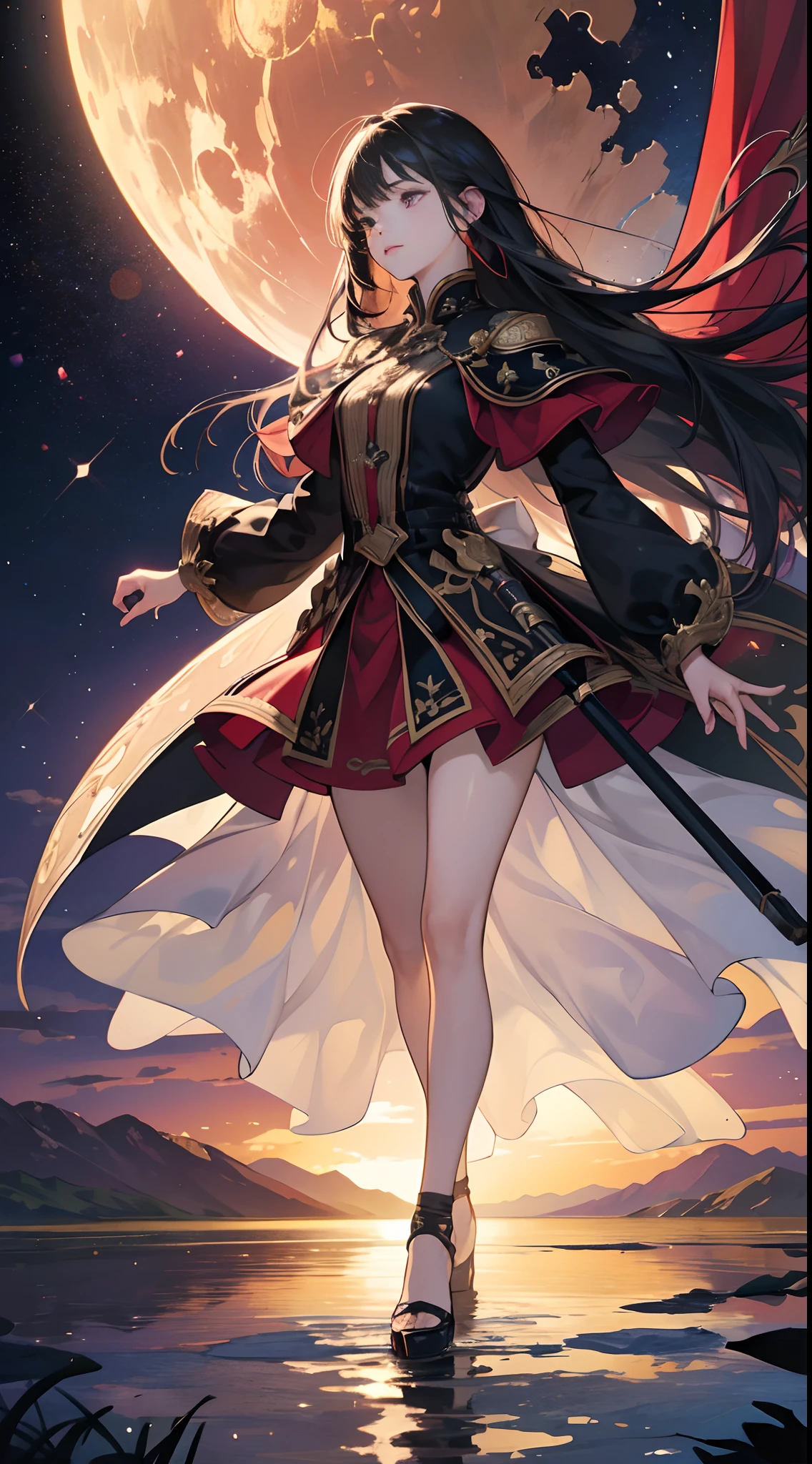 (Best Quality,4K,High resolution), Comical appearance,(Best Quality,4K,High resolution), 18yo woman, Red highlights on black hair, Long hair, Straight hair, Cool Woman,Cold eyes ,sharp eye,Red glowing eyes,Facing the front,Walk on the lake,Full body close-up,Rotate the camera from above,World of Dreams,Delicate illustrations drawn in detail,Clothes with intricate decorations,Realistic portrayal,Light Effects,Vibrant colors,Classic background(Best Quality,4K,High resolution),,noisy,comic strip,animesque,busy,Deformed cute illustration,Full body projection