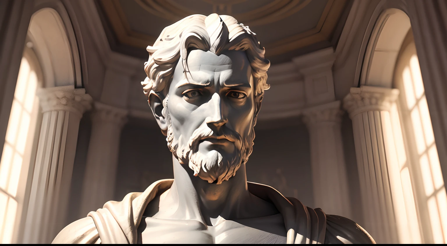 A carefully detailed statue of Epictetus, fundo escuro, Moody, fotorrealista, cinematico, super detalhada, Hiper realista, luzes brilhantes, 8 k