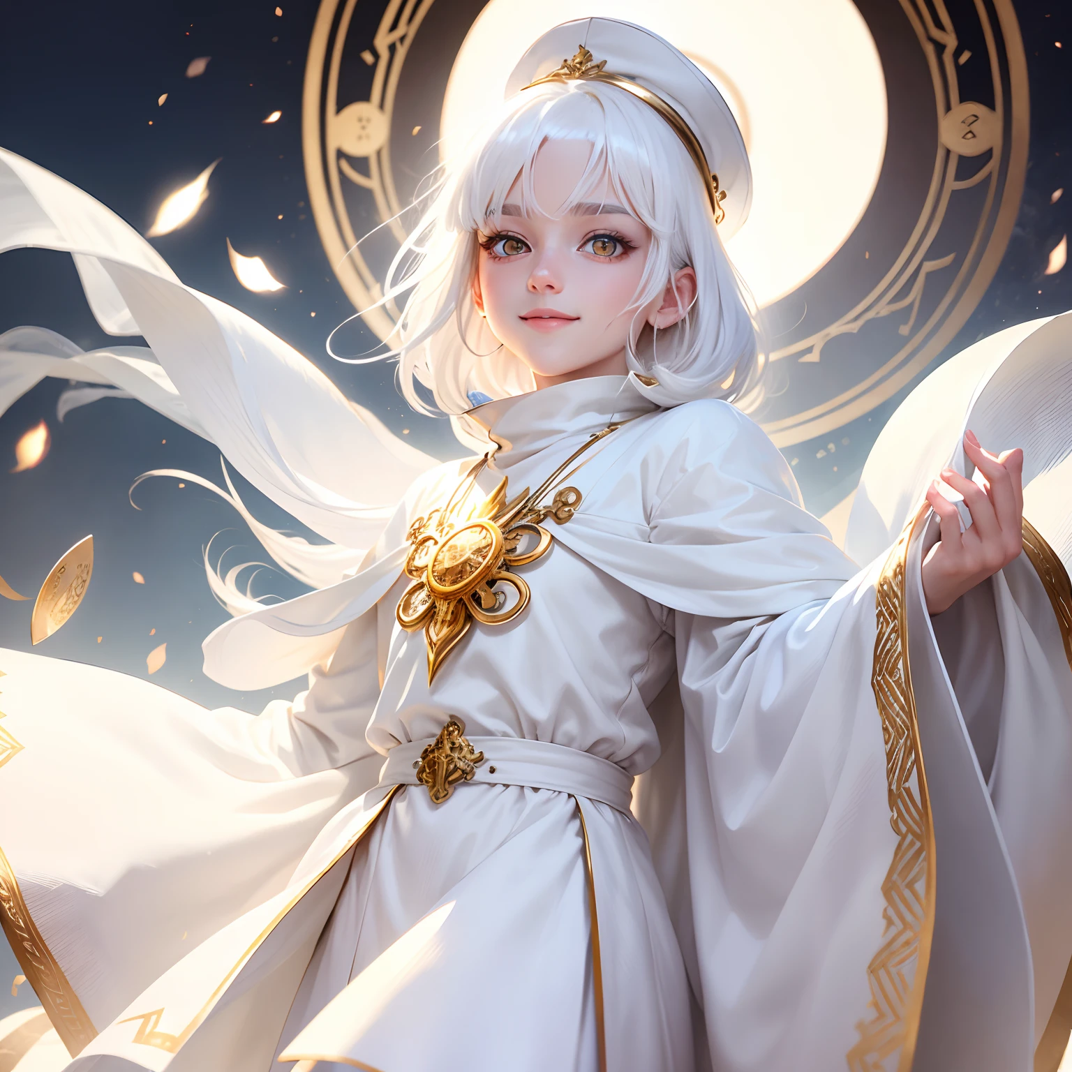 A woman in a white dress with a white cape and a gold crown - SeaArt AI