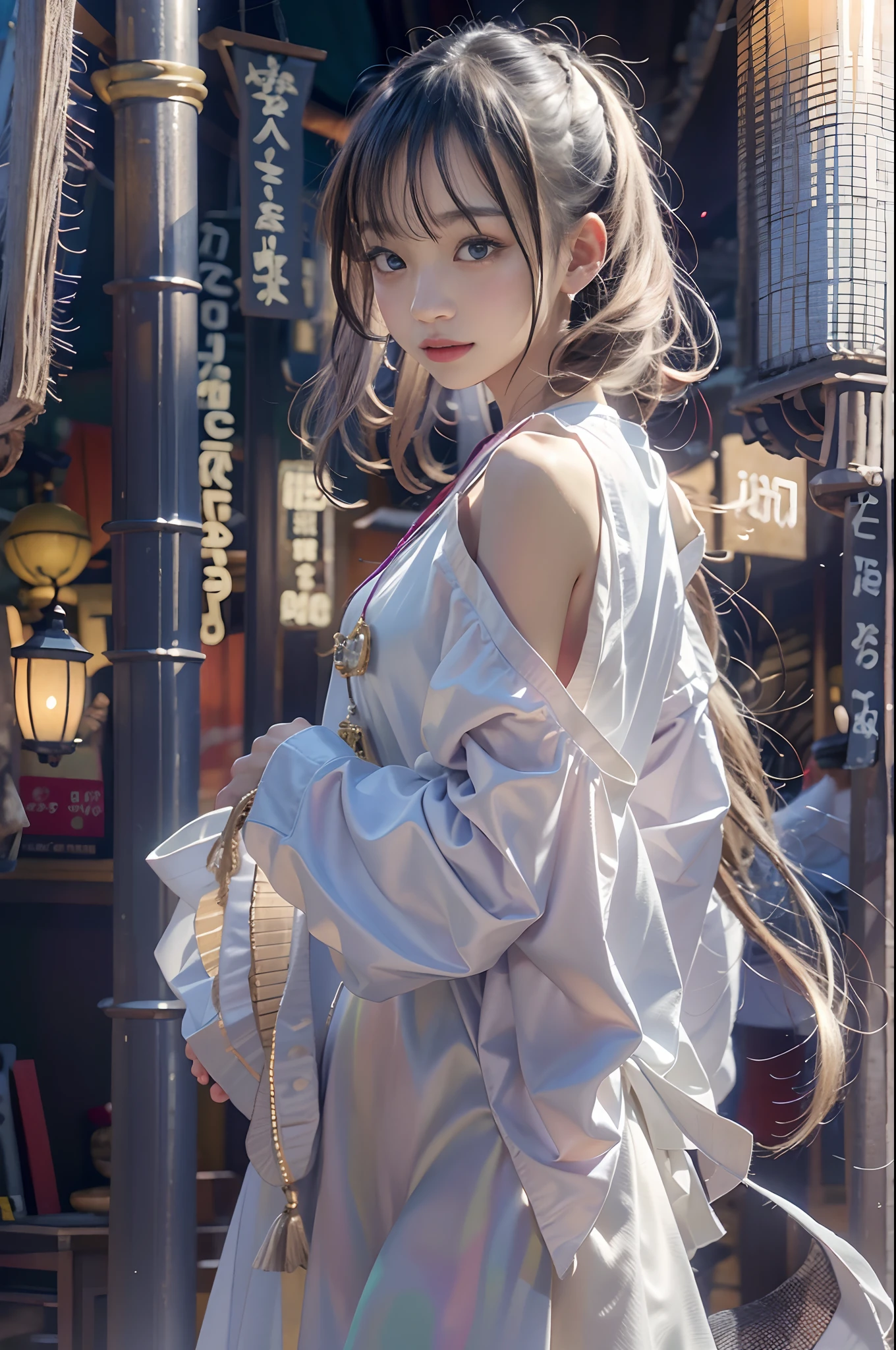 (Front Focus)、(ultra-detailliert、16 K、Raw photo: 1.6)、Portrait of a hyperrealist woman、Fantasia 、art by、photoRealstic、Dynamic lighting、Volume Lighting、extra detailed face、女の子1人、sixteen years old、(White ONE PIECE DRESS、Looking Back 1.5:)Yatai Village、Priest、In the Dark